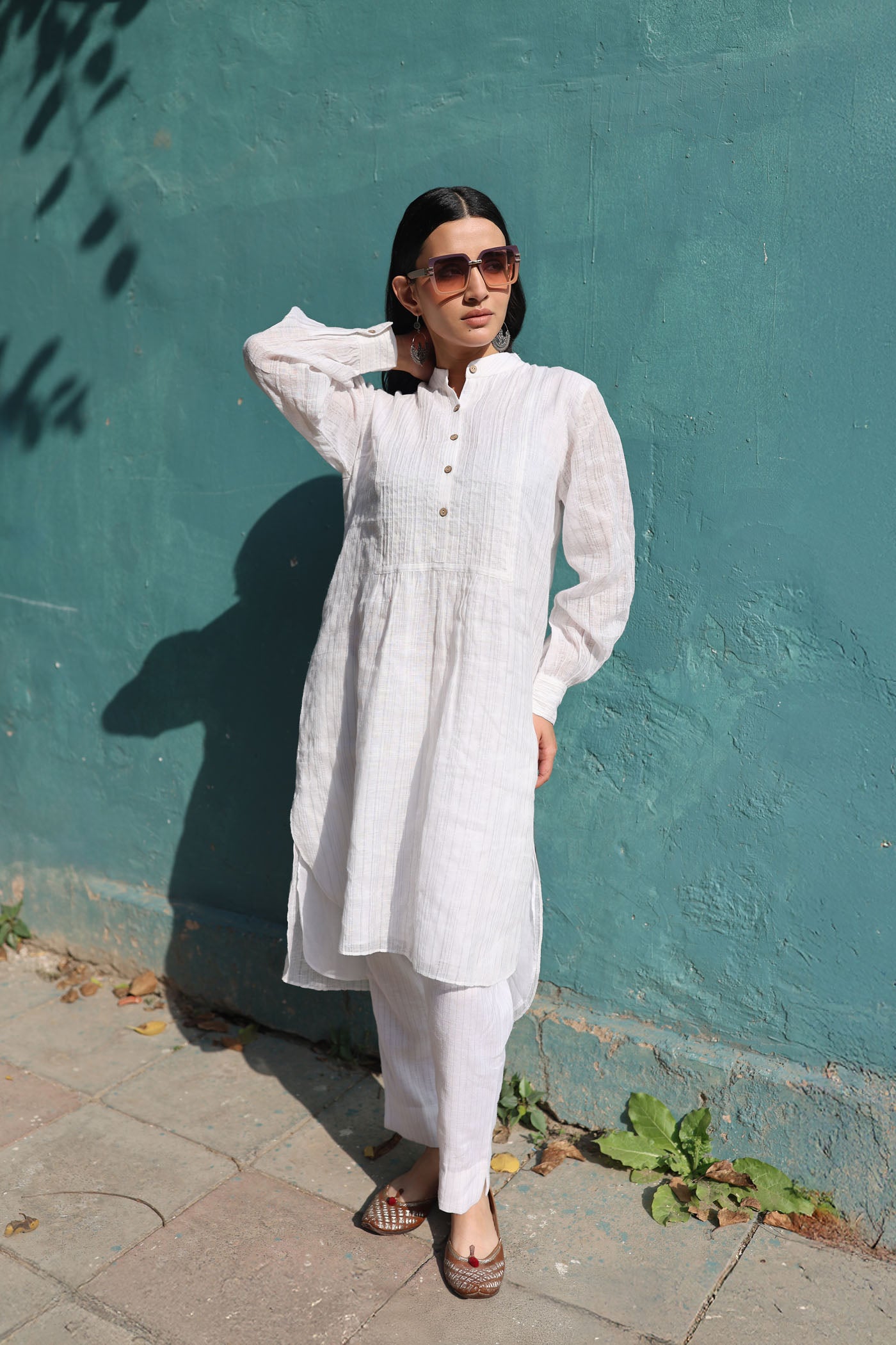 Ivory Pure Linen (With Metallic Checks & Stripes) Band-Collared With Pintucked Yoke Kurta-Pants Set