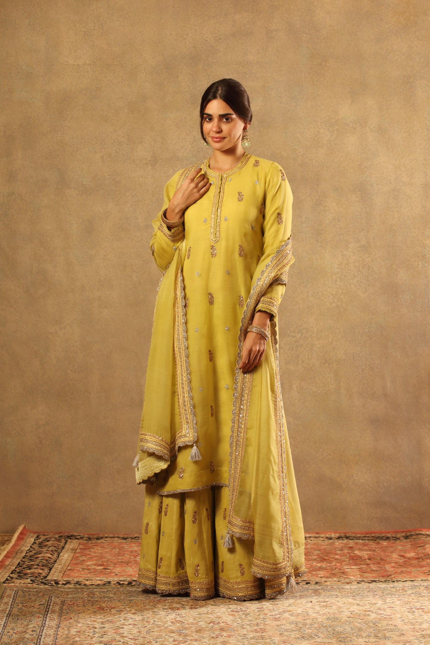 Hand Embroidered Dusty Lime Green Pure Katan Silk Kurta Sharara Set