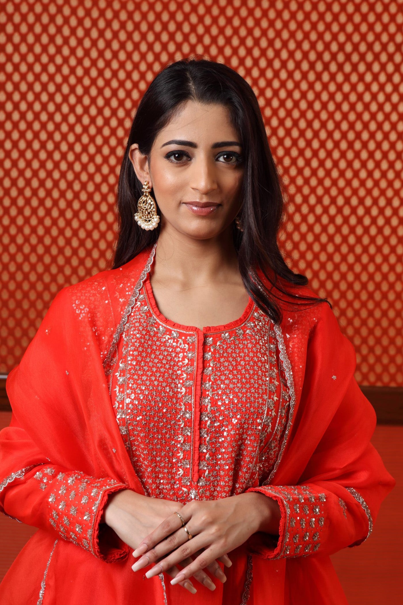Hand Embroidered Tomato Red Pure Katan Silk Kurta Sharara Set