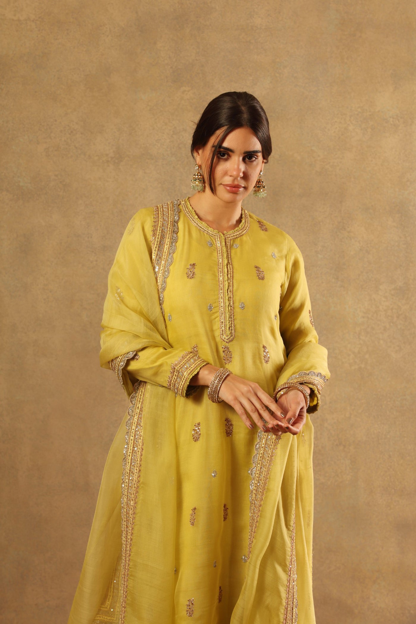 Hand Embroidered Celery Green Pure Katan Silk Long Kurta Sharara Set