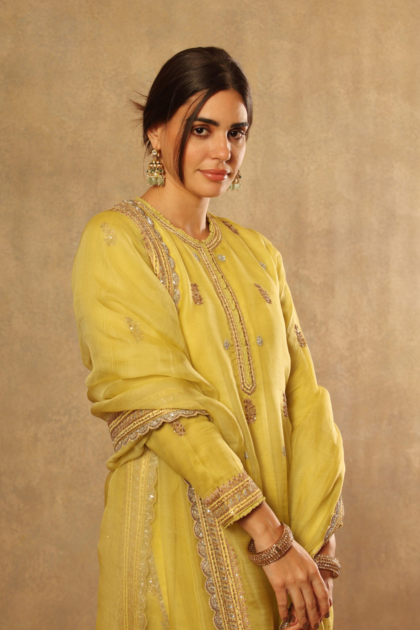 Hand Embroidered Celery Green Pure Katan Silk Long Kurta Sharara Set