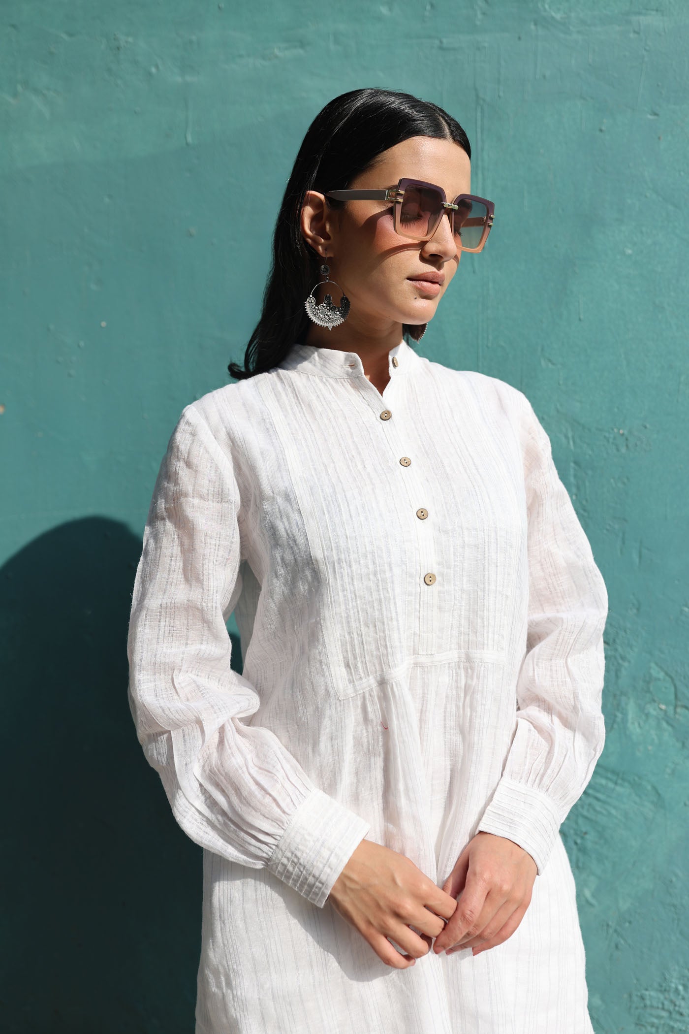 Ivory Pure Linen (With Metallic Checks & Stripes) Band-Collared With Pintucked Yoke Kurta-Pants Set