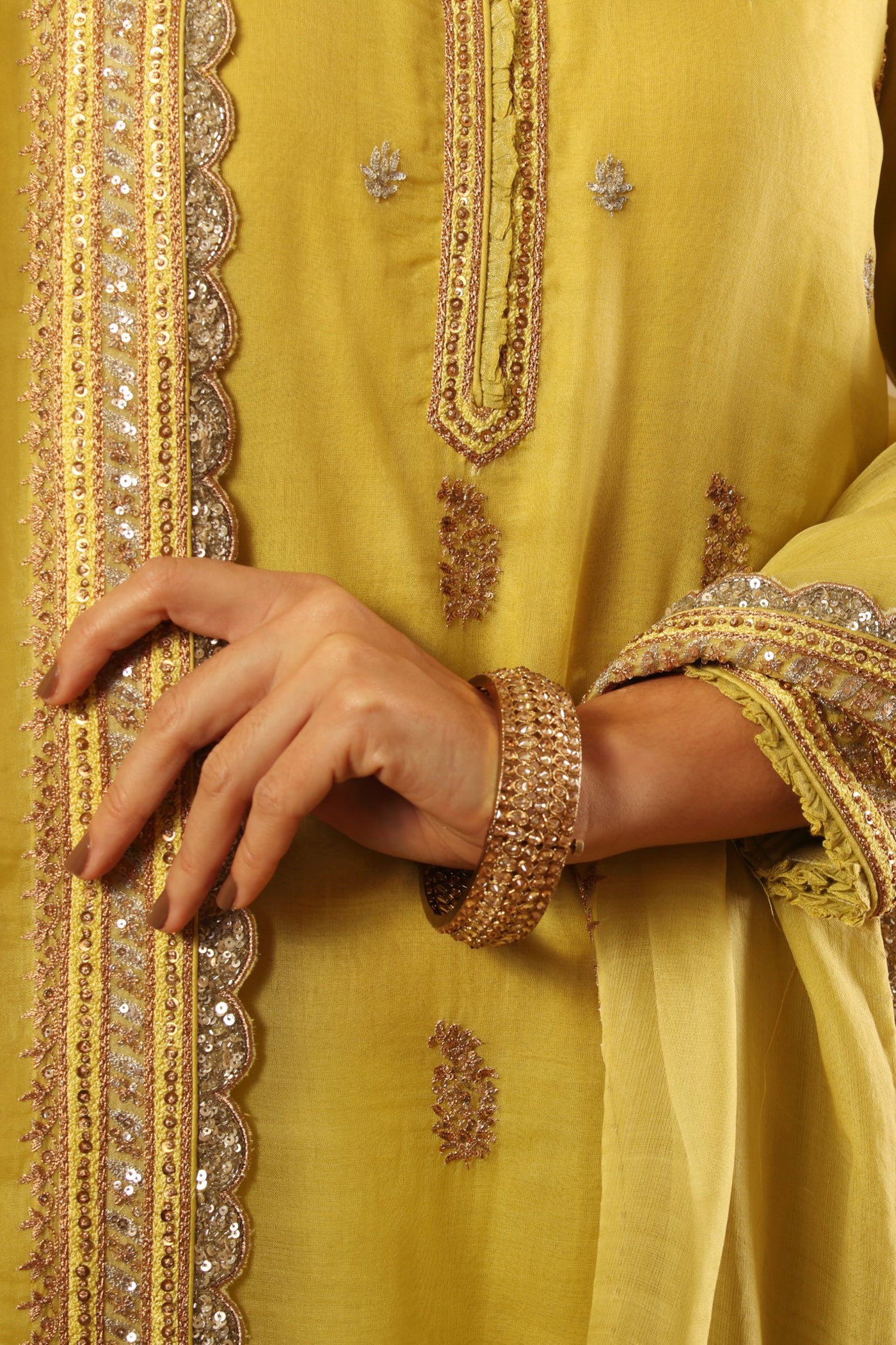 Hand Embroidered Celery Green Pure Katan Silk Long Kurta Sharara Set