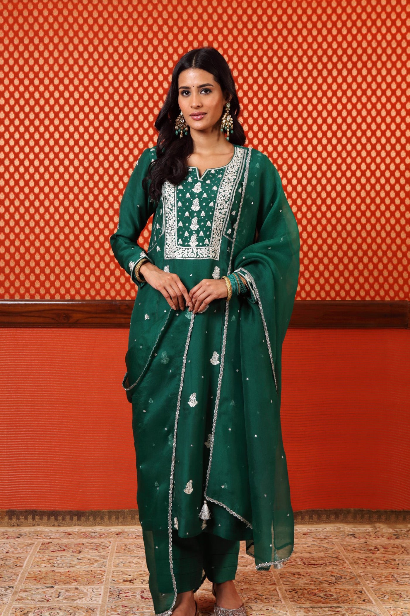 Hand Embroidered Dark Green Pure Silk Organza Kurta Pants Set