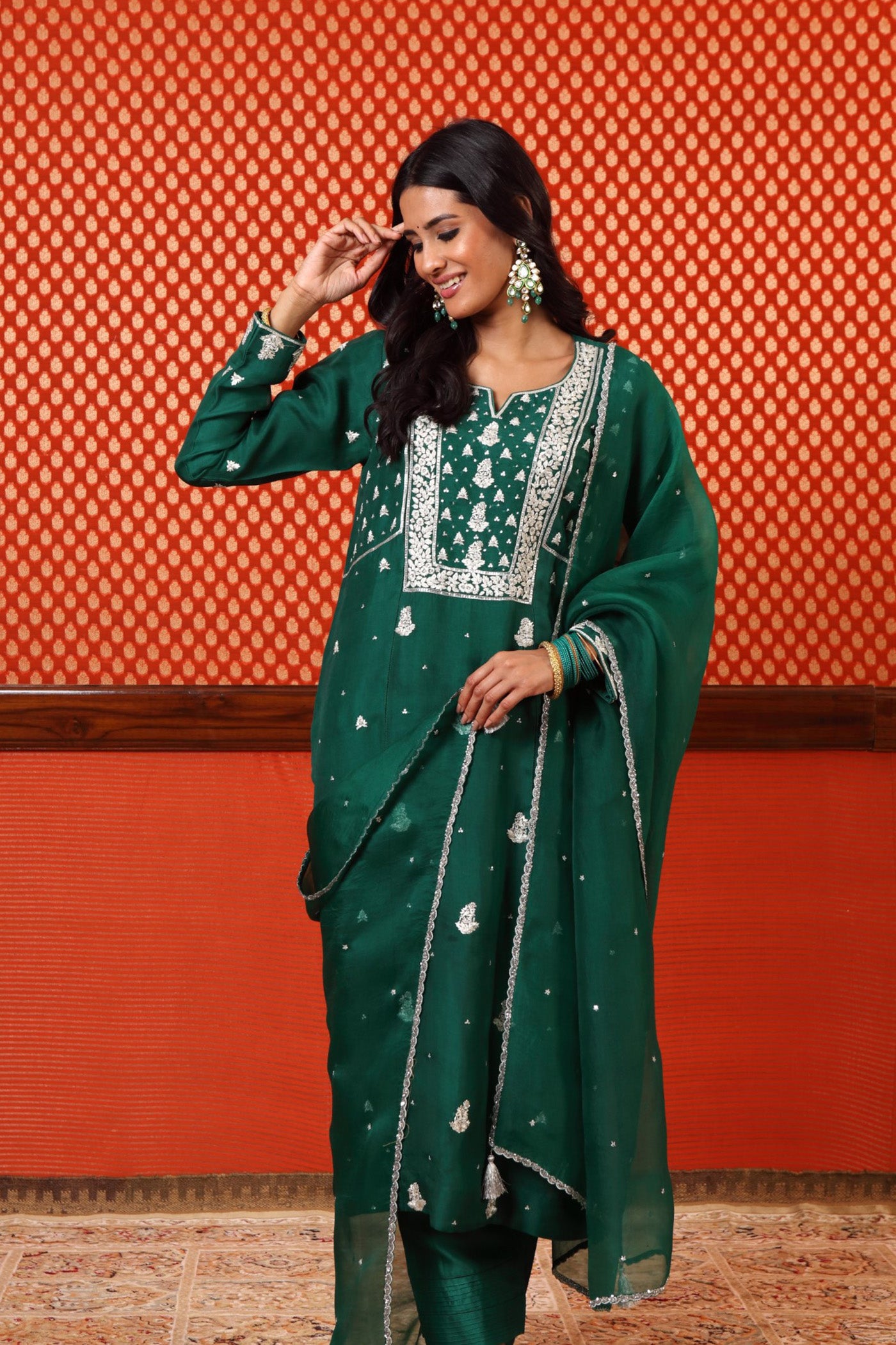 Hand Embroidered Dark Green Pure Silk Organza Kurta Pants Set