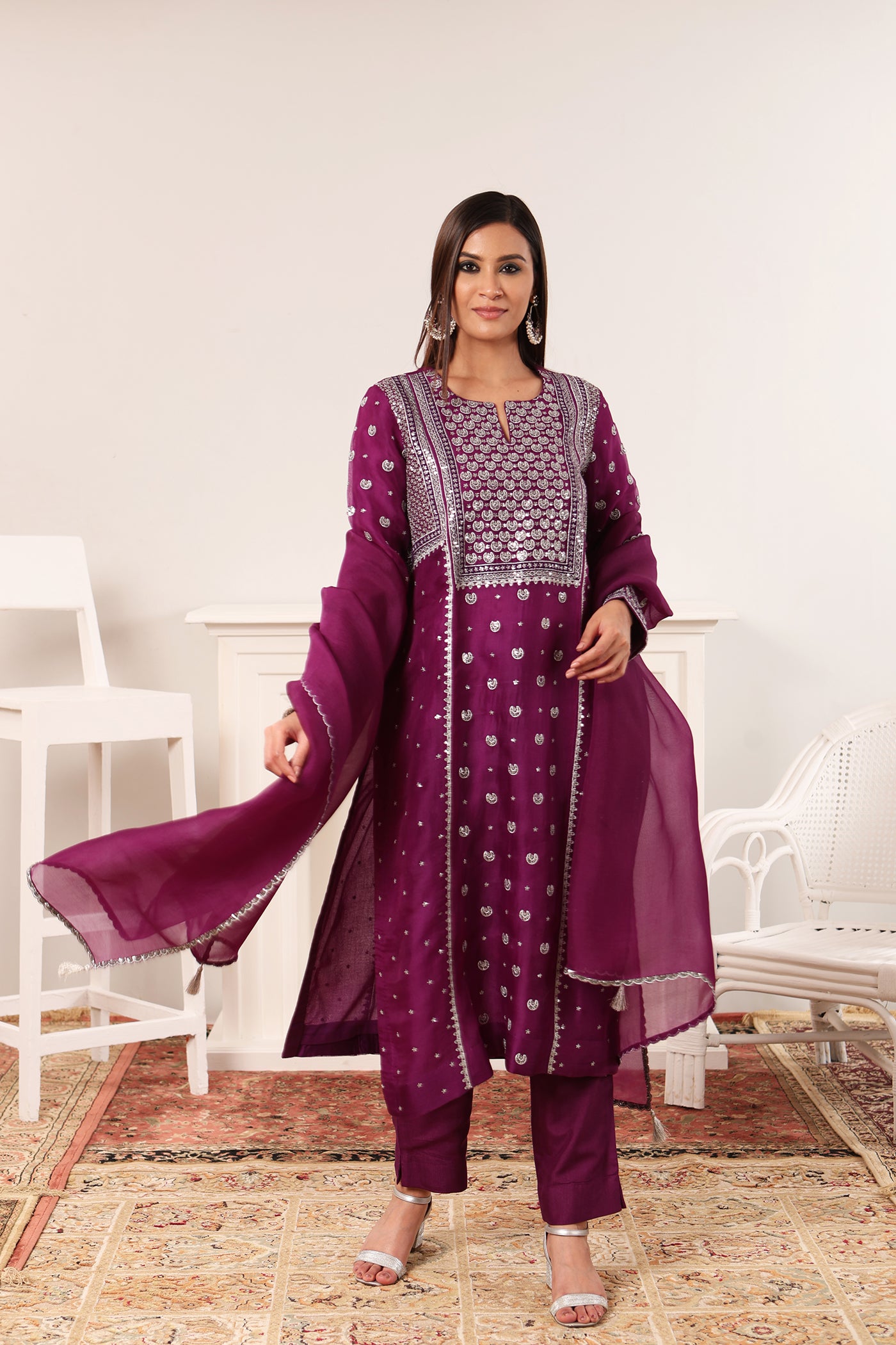 Purple Hand-Embroidered Pure Silk-Organza Kurta-Pants Set