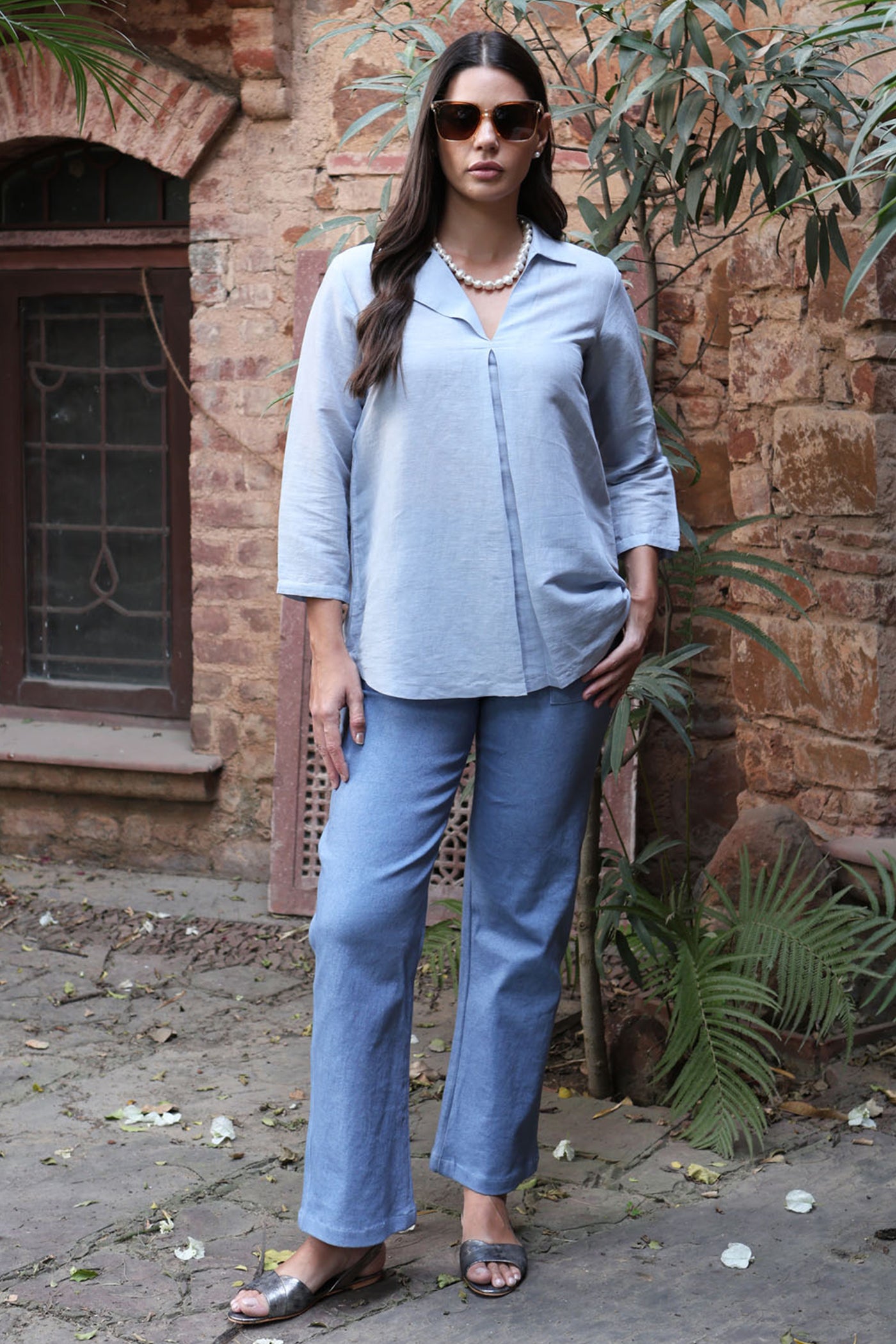 Dusty-Blue Handloom Pure Linen-Cotton Collared Short Tunic