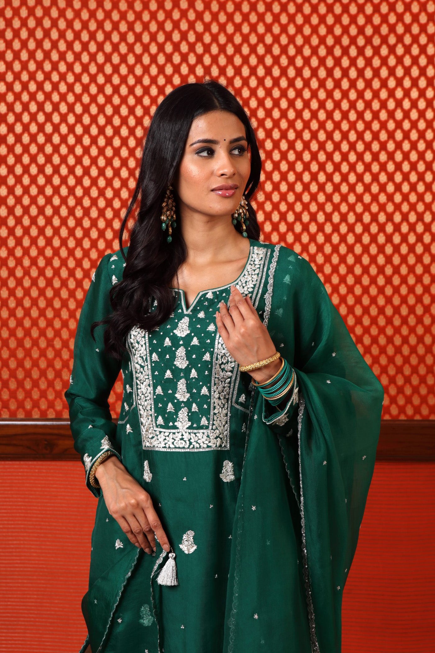 Hand Embroidered Dark Green Pure Silk Organza Kurta Pants Set