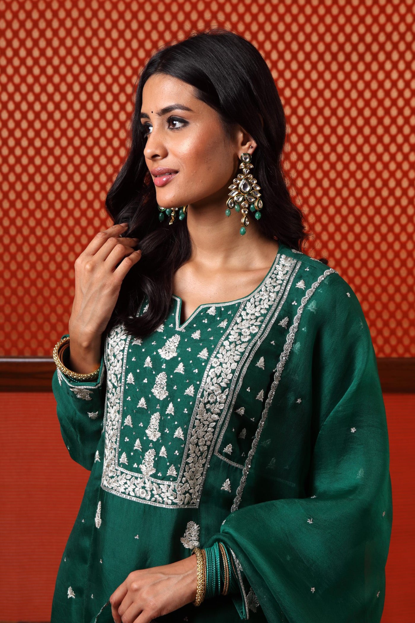 Hand Embroidered Dark Green Pure Silk Organza Kurta Pants Set