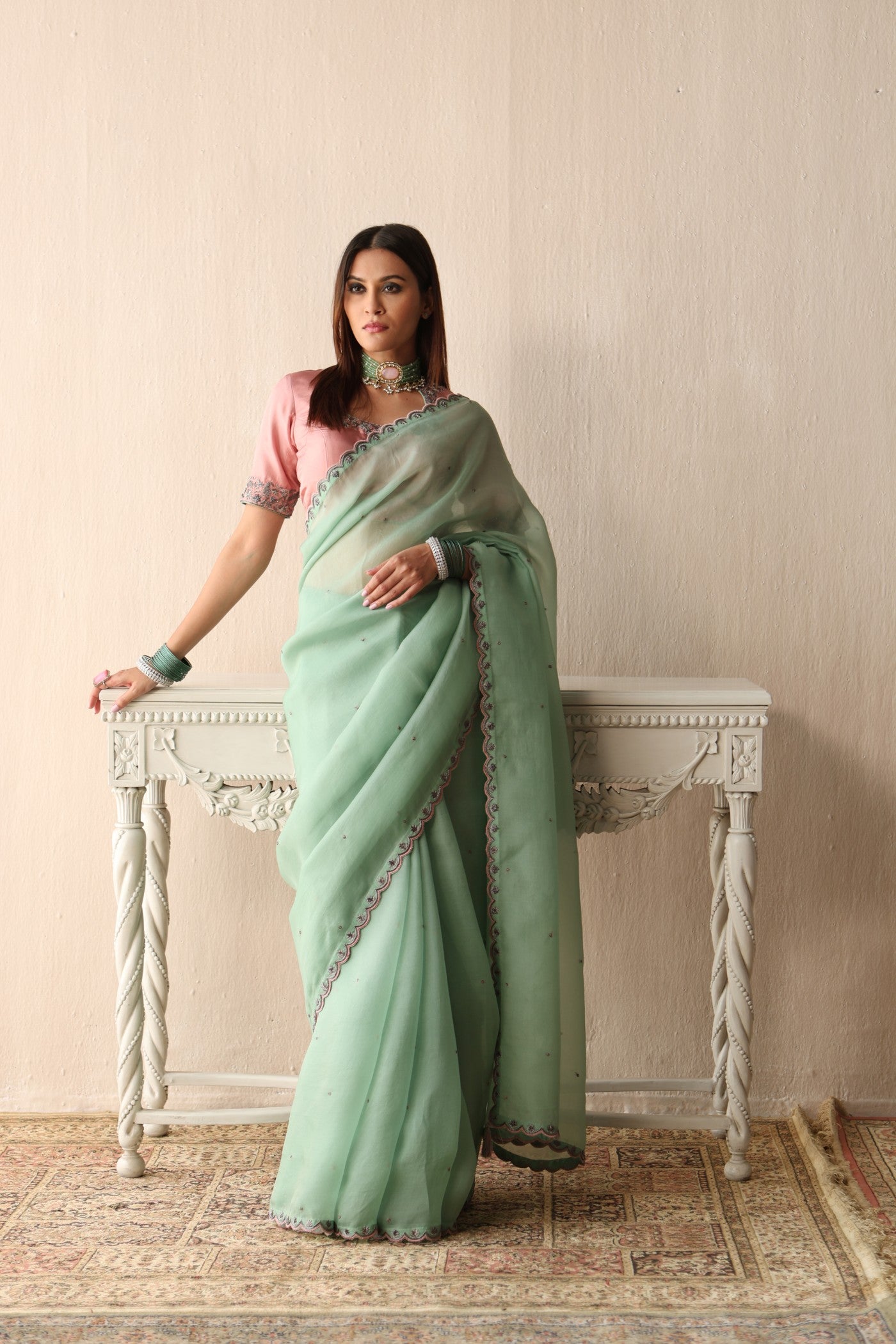 FERN-GREEN HAND-EMBROIDERED PURE SILK-ORGANZA SAREE WITH BLOSSOM-PINK PURE CREPE-SILK BLOUSE SET