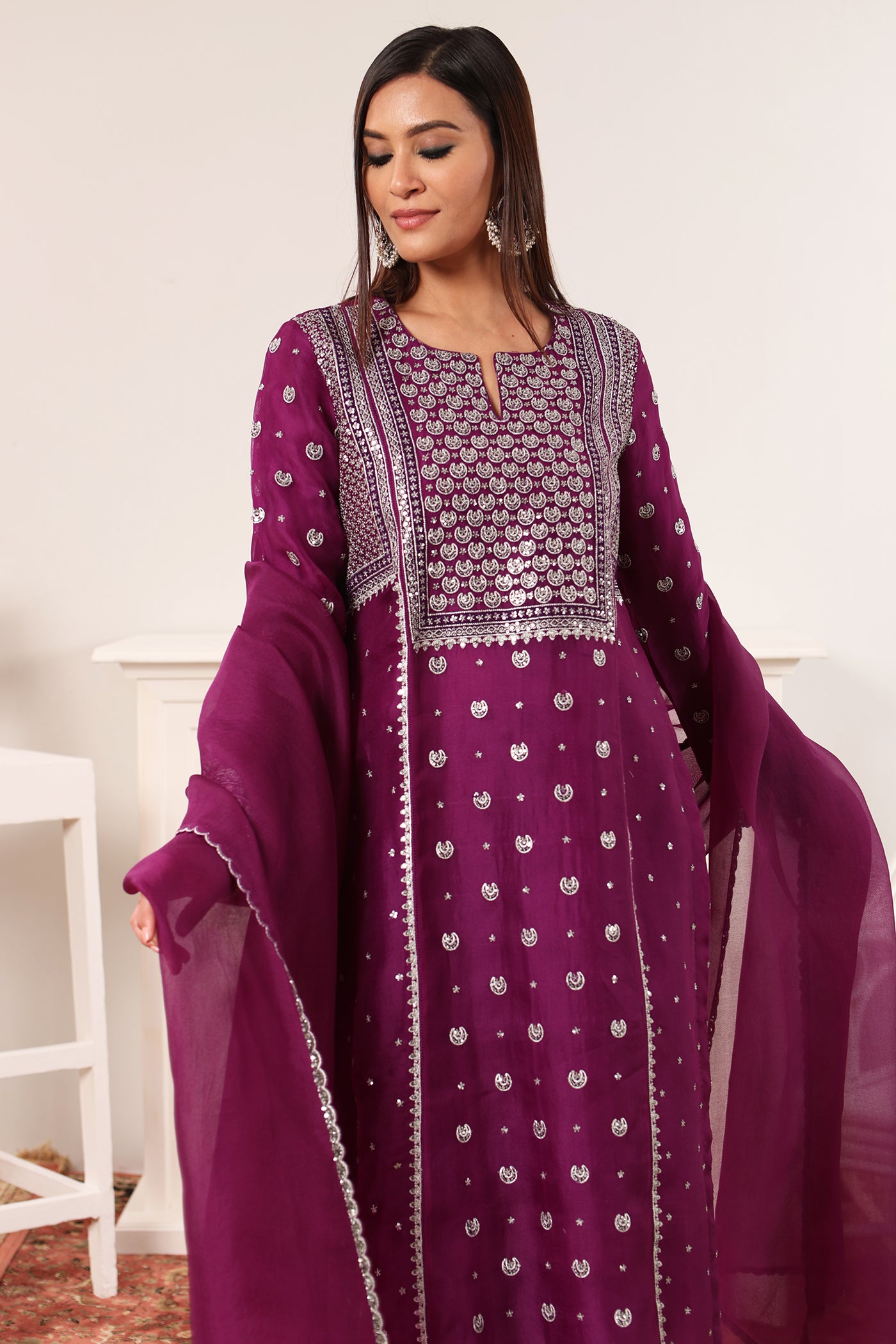Purple Hand-Embroidered Pure Silk-Organza Kurta-Pants Set