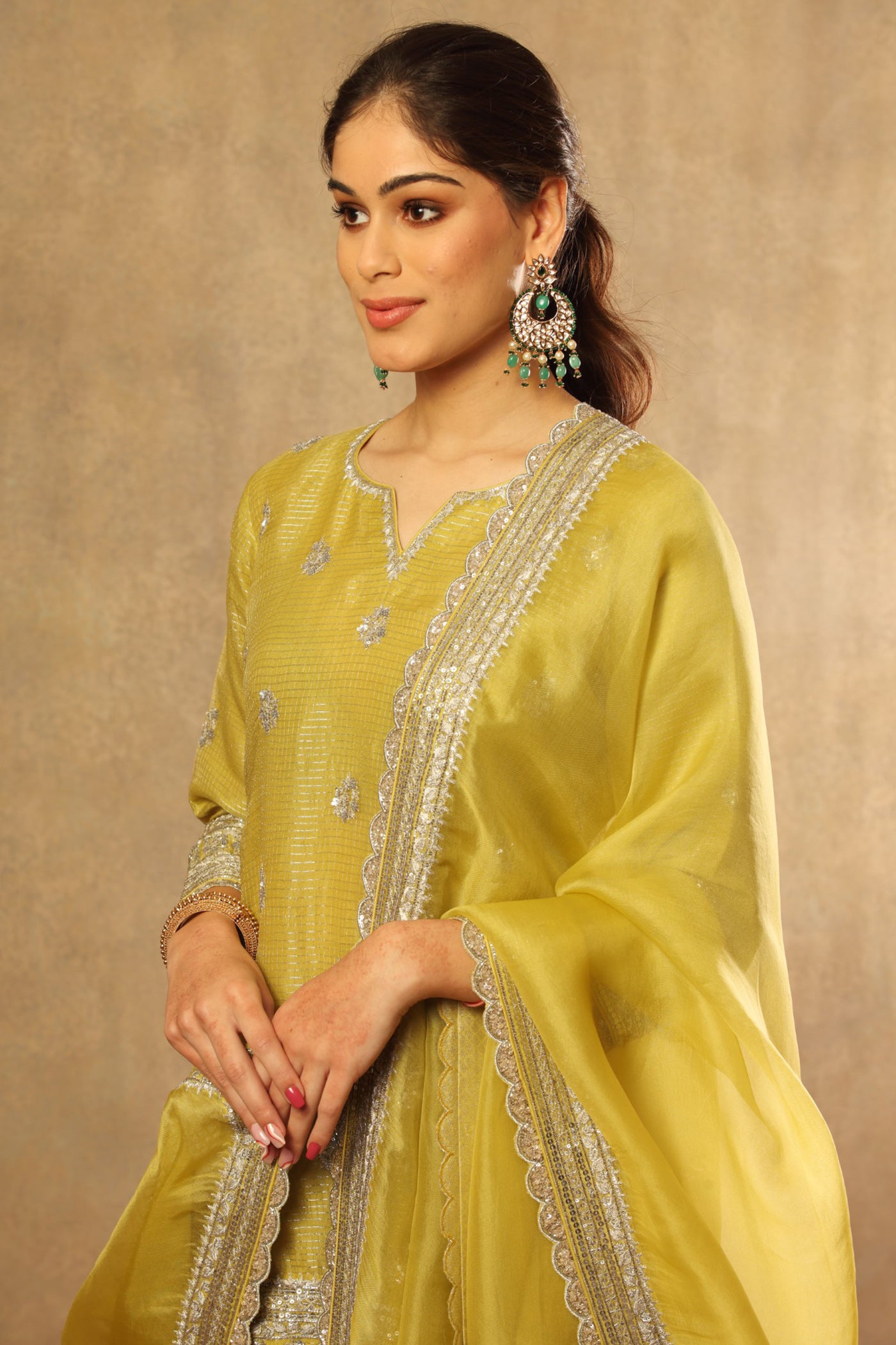 Hand Embroidered Lime Green Pure Katan Silk Short Kurta Sharara Set