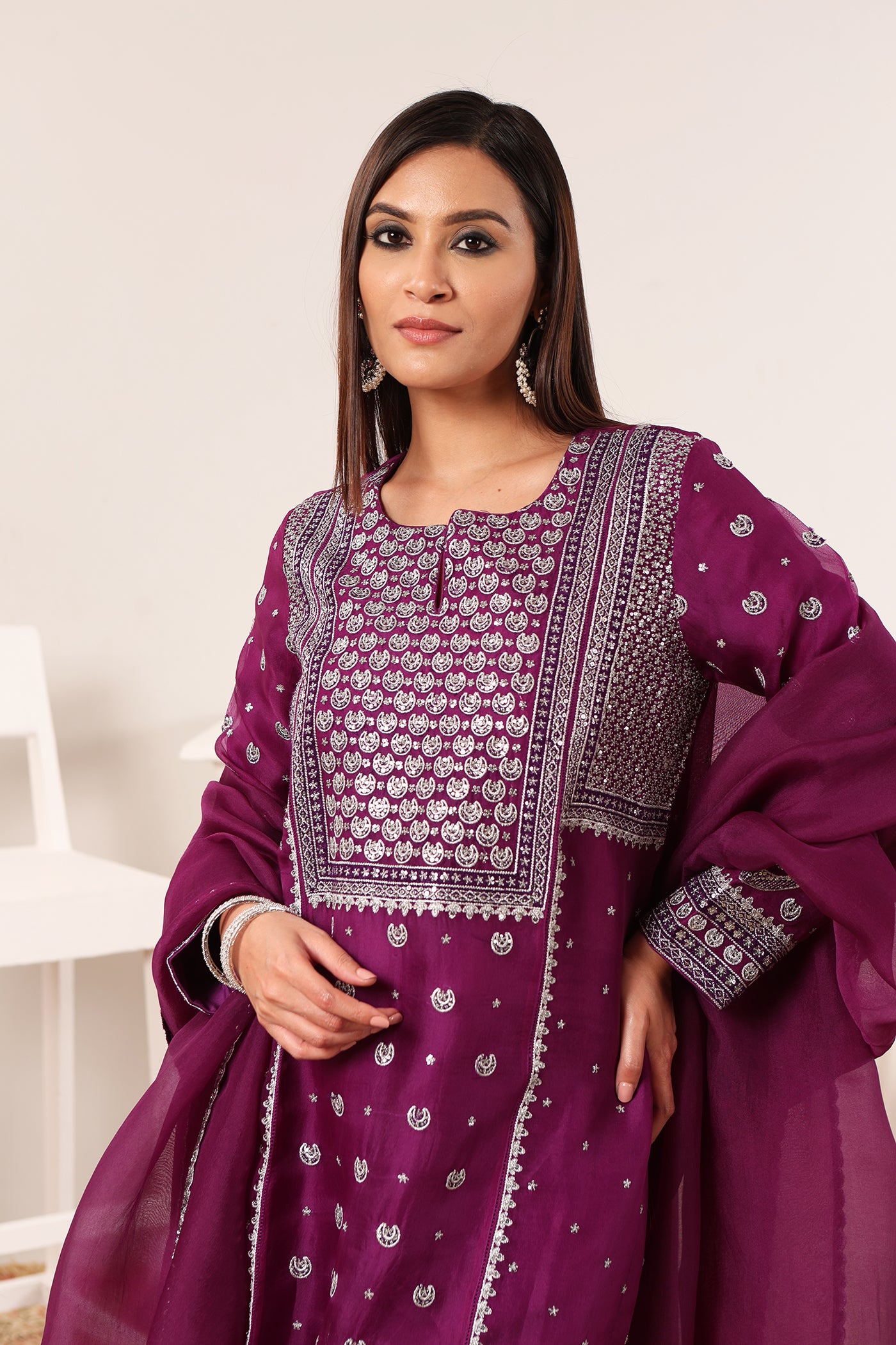 Purple Hand-Embroidered Pure Silk-Organza Kurta-Pants Set