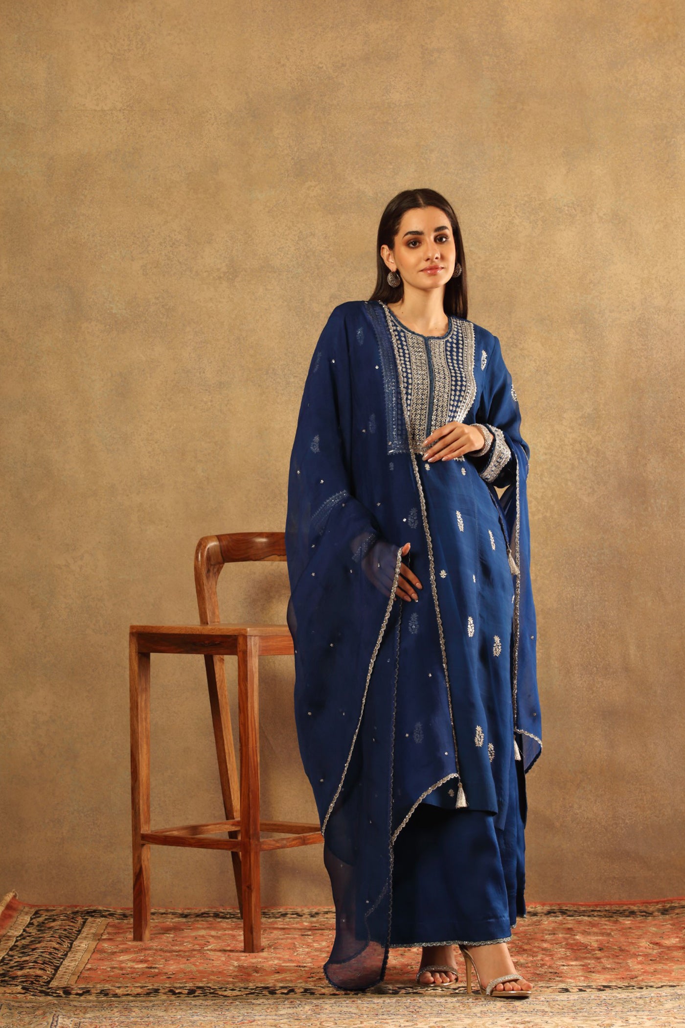 Hand Embroidered Opal Blue Pure Katan Silk Kurta Palazzo Set