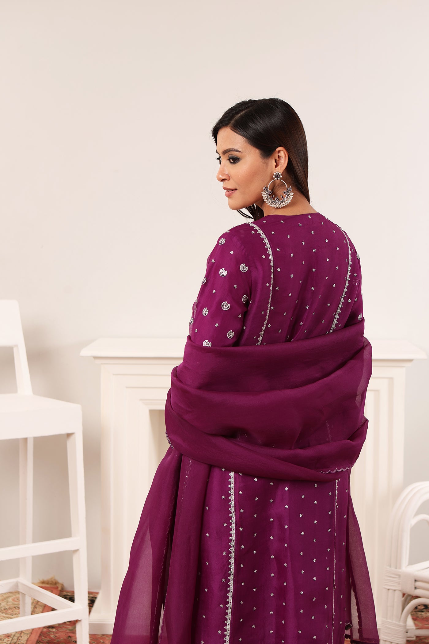 Purple Hand-Embroidered Pure Silk-Organza Kurta-Pants Set