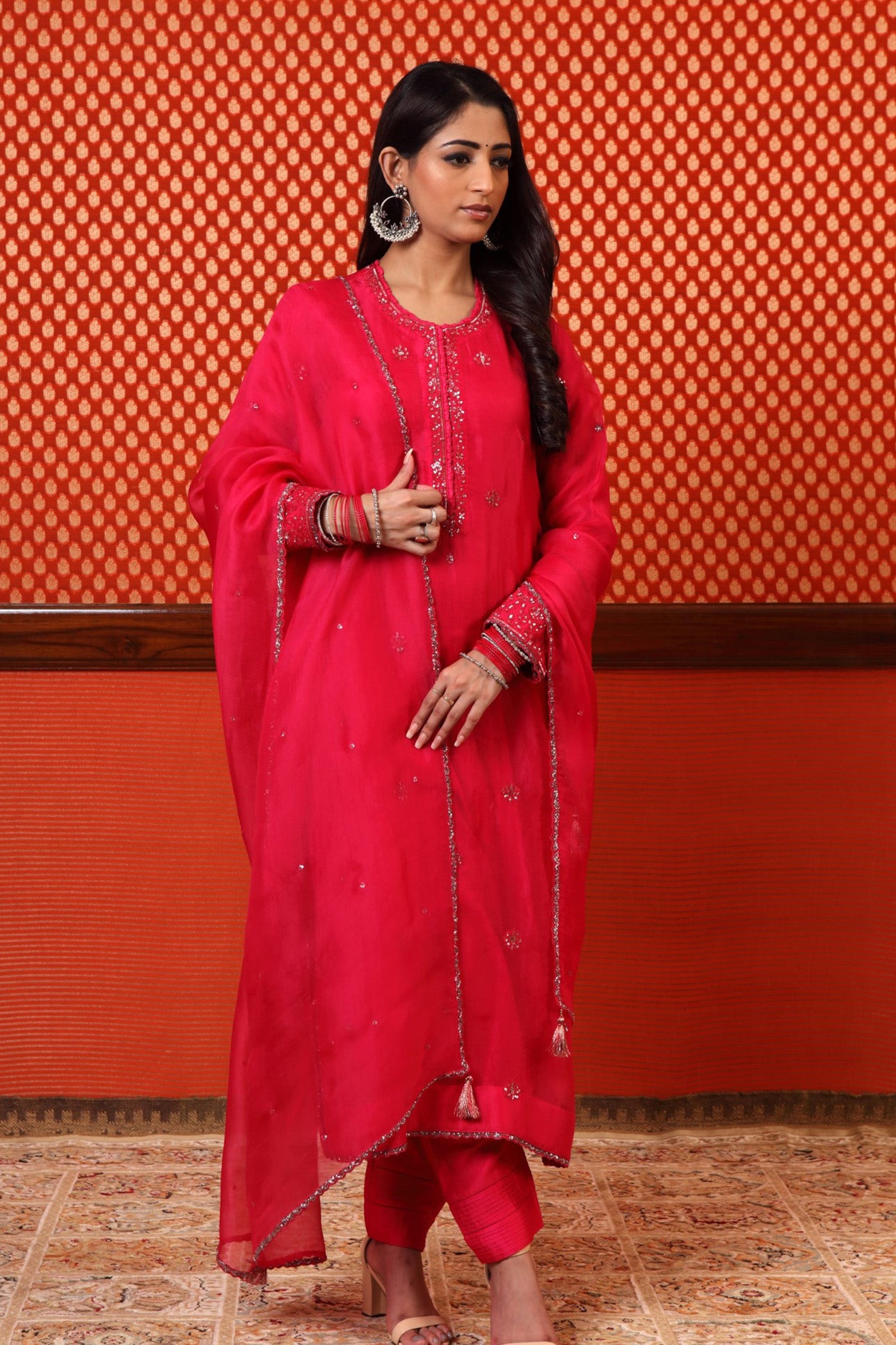 Hand Embroidered Fuchsia Pink Pure Katan Silk Kurta Pants Set