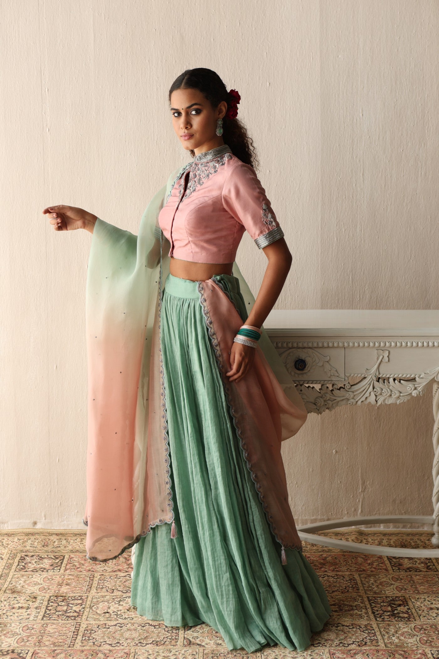 FERN-GREEN HAND-EMBROIDERED PURE SILK-COTTON METALLIC LEHENGA WITH BLOSSOM-PINK PURE SILK BLOUSE PAIRED WITH OMBRE DYED PURE SILK-ORGANZA DUPATTA