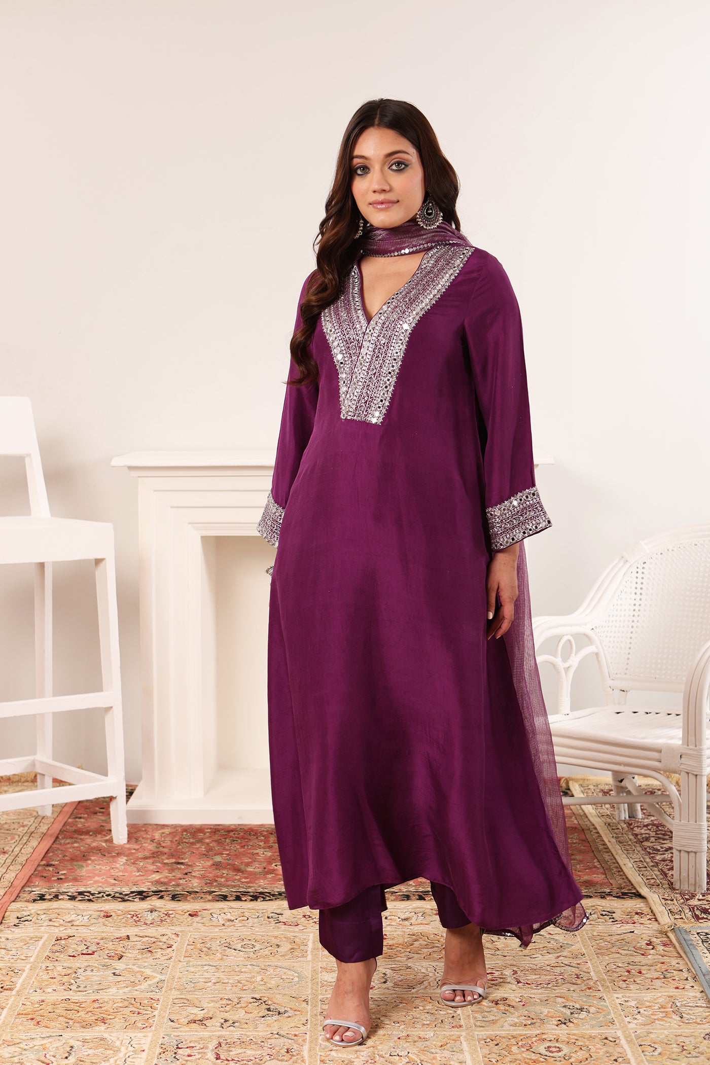 Aubergine Hand-Embroidered Handloom Pure Mulberry-Silk Kurta-Pants Set