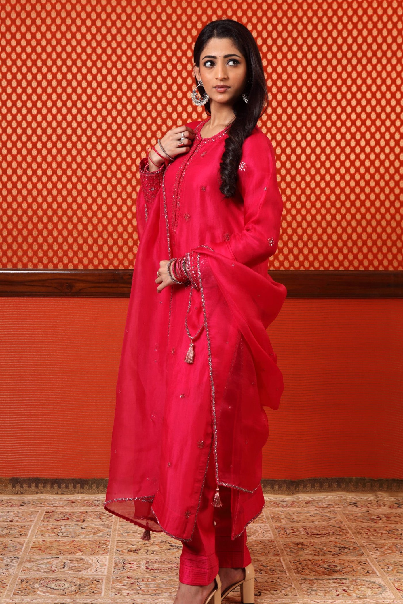 Hand Embroidered Fuchsia Pink Pure Katan Silk Kurta Pants Set