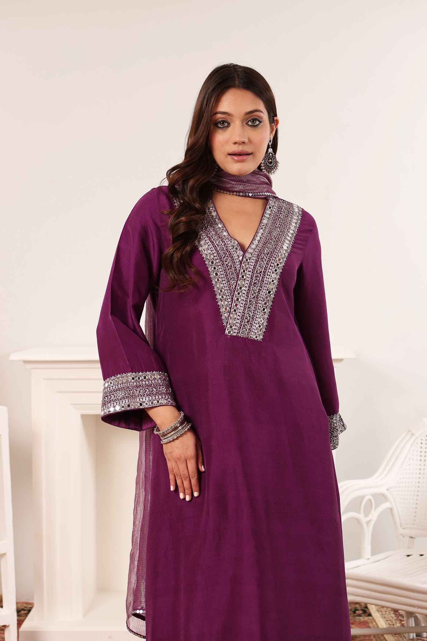 Aubergine Hand-Embroidered Handloom Pure Mulberry-Silk Kurta-Pants Set