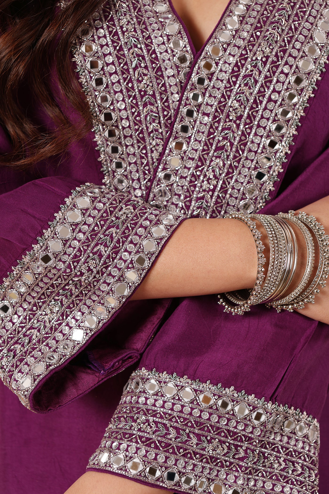 Aubergine Hand-Embroidered Handloom Pure Mulberry-Silk Kurta-Pants Set
