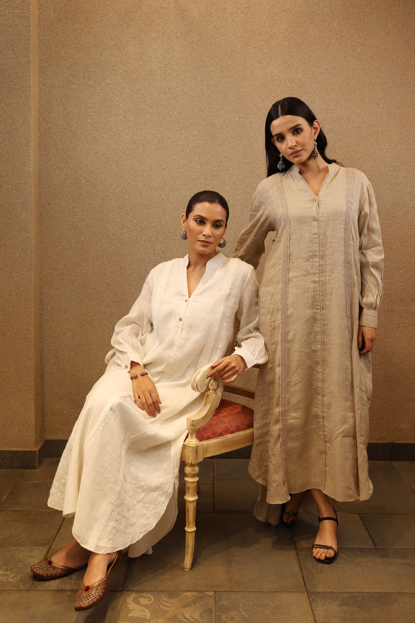 Grey-Beige Pure Linen (With Metallic Checks & Stripes) Collared Long Dress With Cotton Laces
