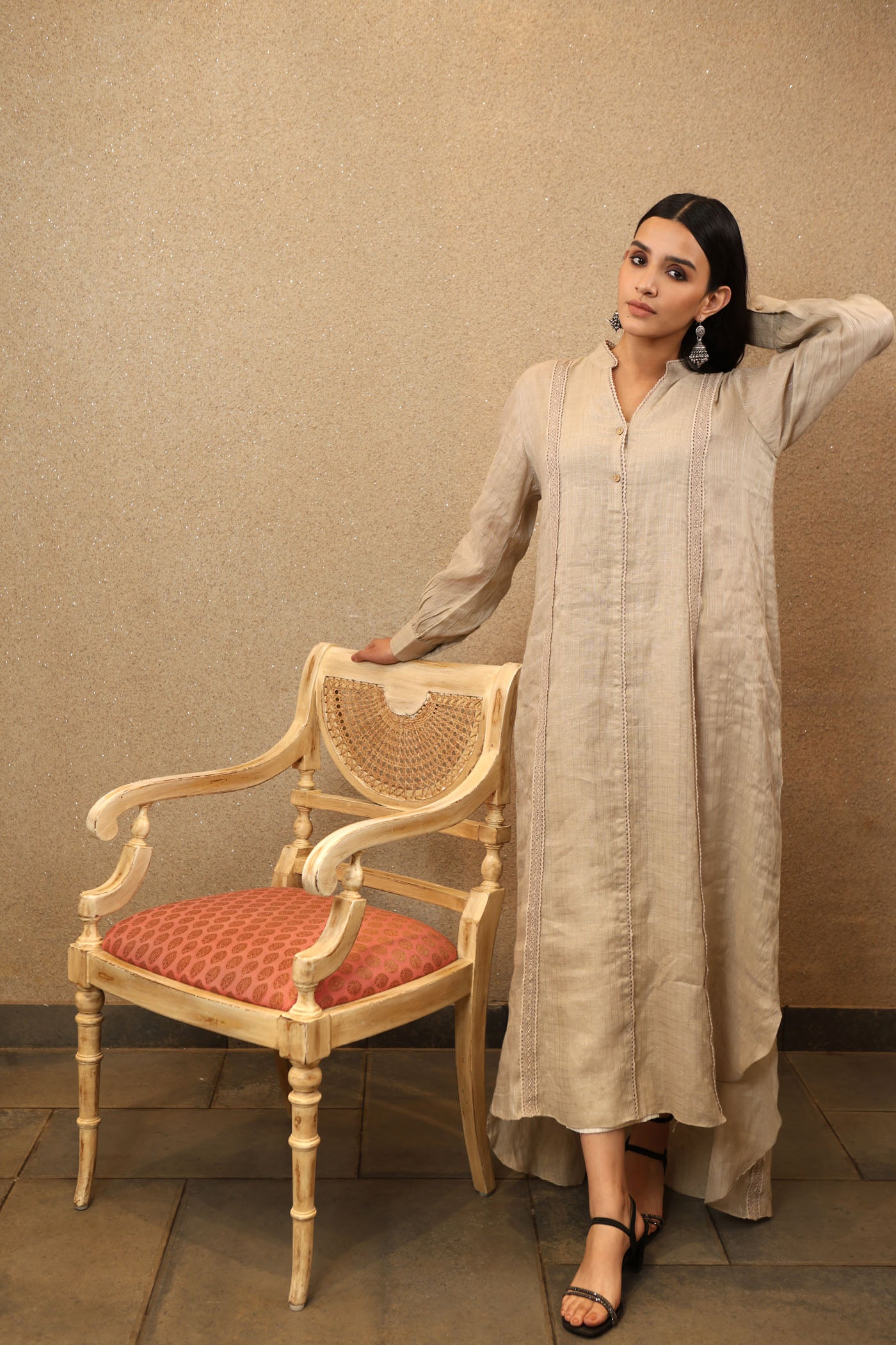 Grey-Beige Pure Linen (With Metallic Checks & Stripes) Collared Long Dress With Cotton Laces