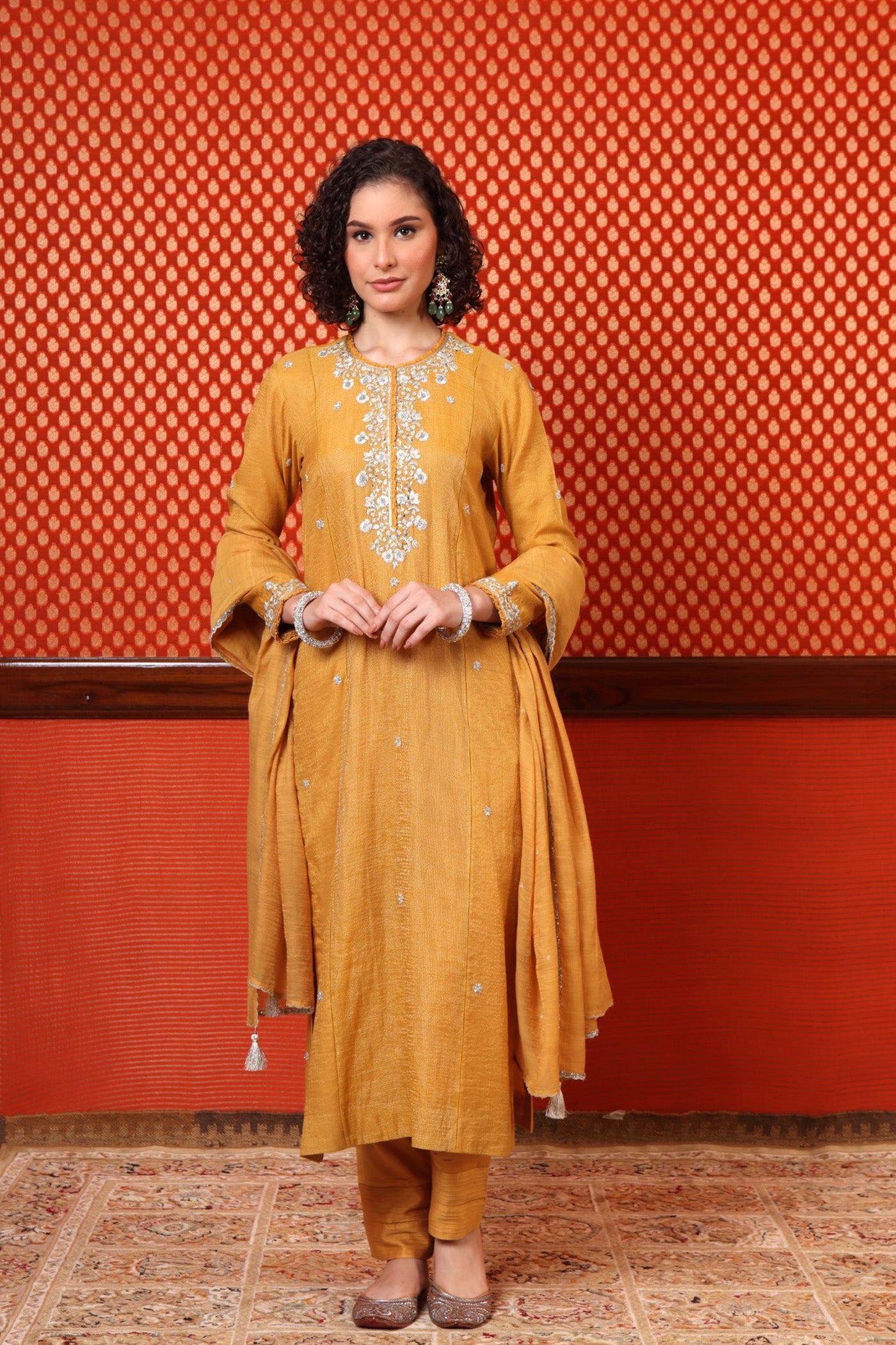 Hand Embroidered Dusty Yellow Pure Silk Cotton Kurta Pants Set