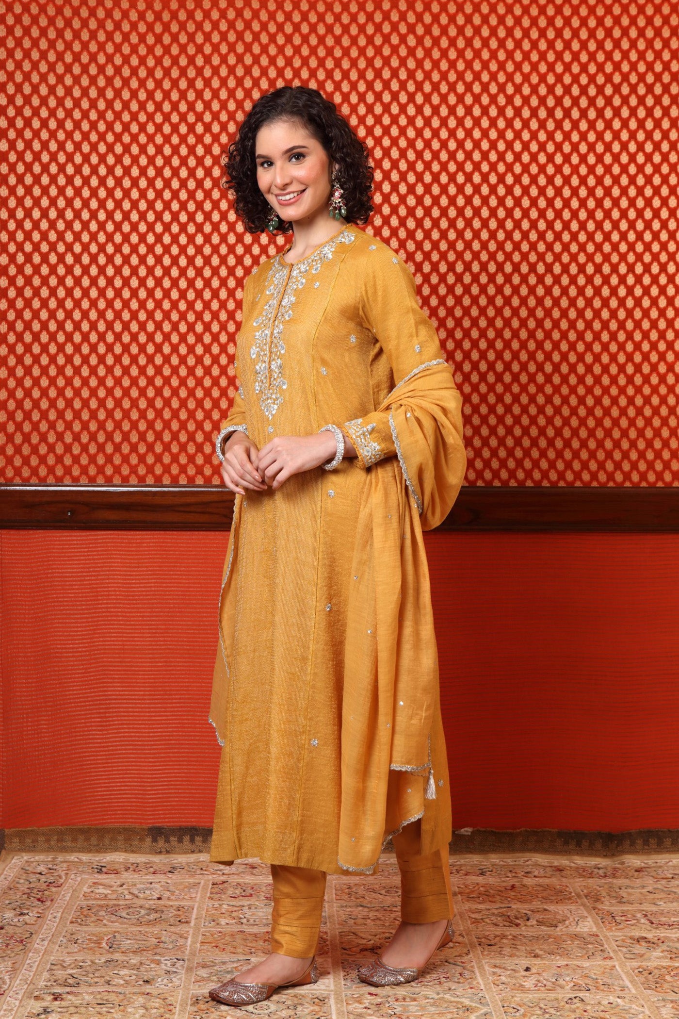 Hand Embroidered Dusty Yellow Pure Silk Cotton Kurta Pants Set