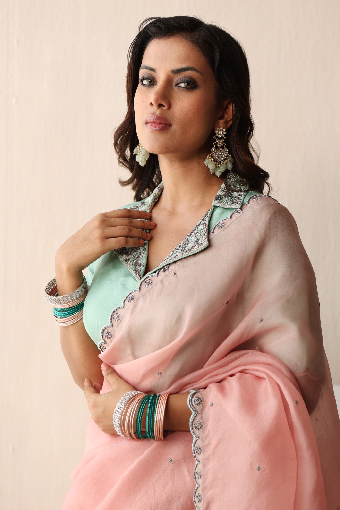 BLOSSOM-PINK HAND-EMBROIDERED PURE SILK-ORGANZA SAREE WITH FERN-GREEN PURE CREPE-SILK BLOUSE SET