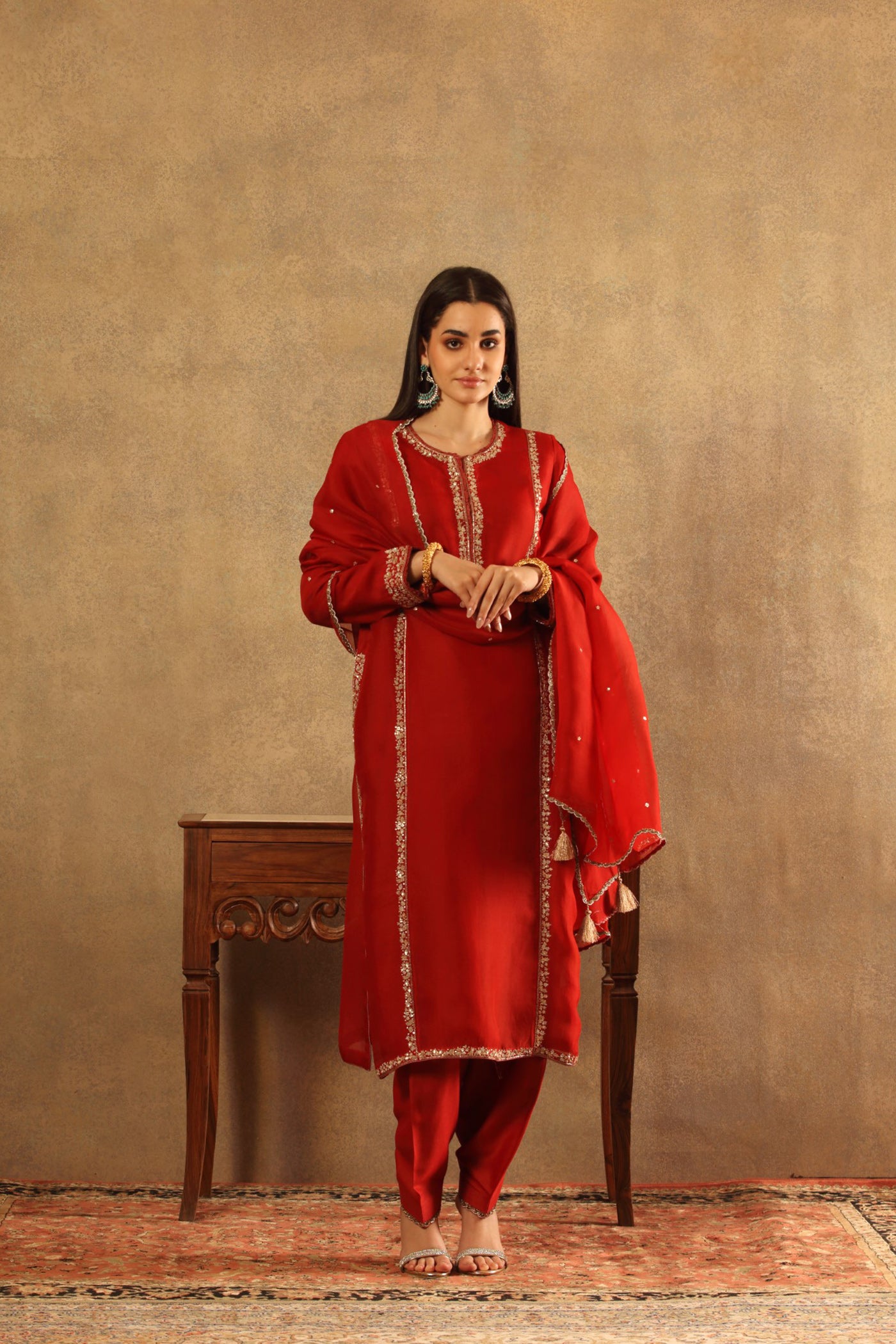 Hand Embroidered Salsa Maroon Pure Silk Organza Kurta Salwar Set