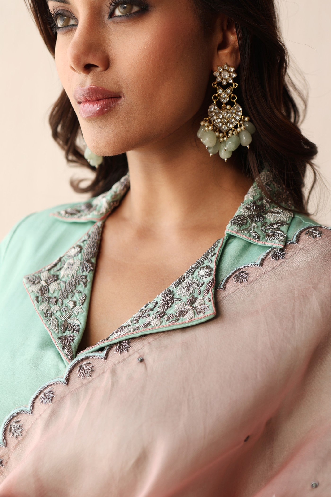 BLOSSOM-PINK HAND-EMBROIDERED PURE SILK-ORGANZA SAREE WITH FERN-GREEN PURE CREPE-SILK BLOUSE SET