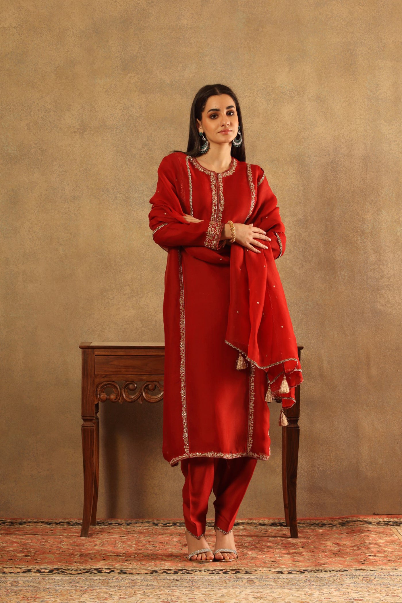 Hand Embroidered Salsa Maroon Pure Silk Organza Kurta Salwar Set