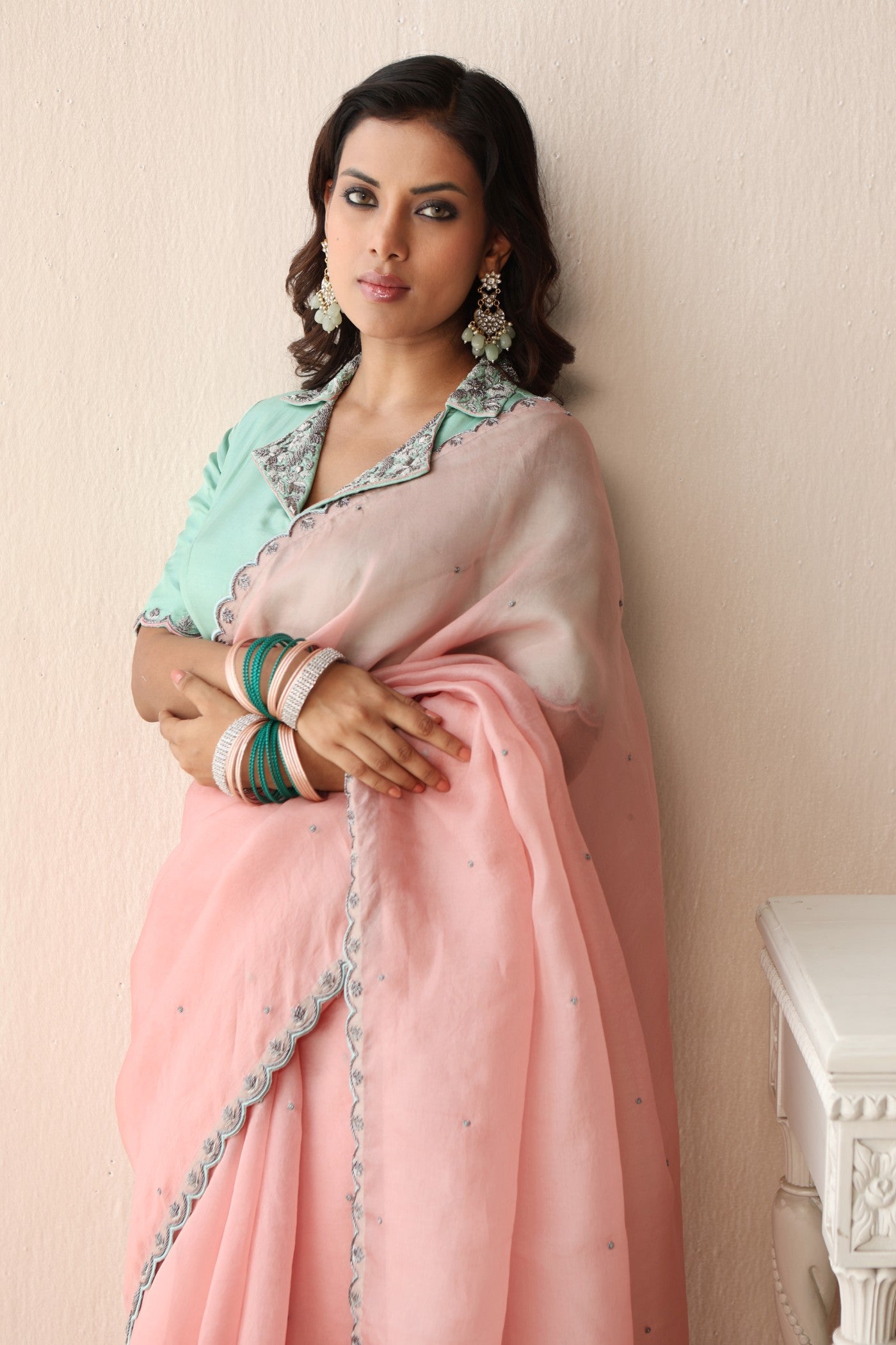 BLOSSOM-PINK HAND-EMBROIDERED PURE SILK-ORGANZA SAREE WITH FERN-GREEN PURE CREPE-SILK BLOUSE SET