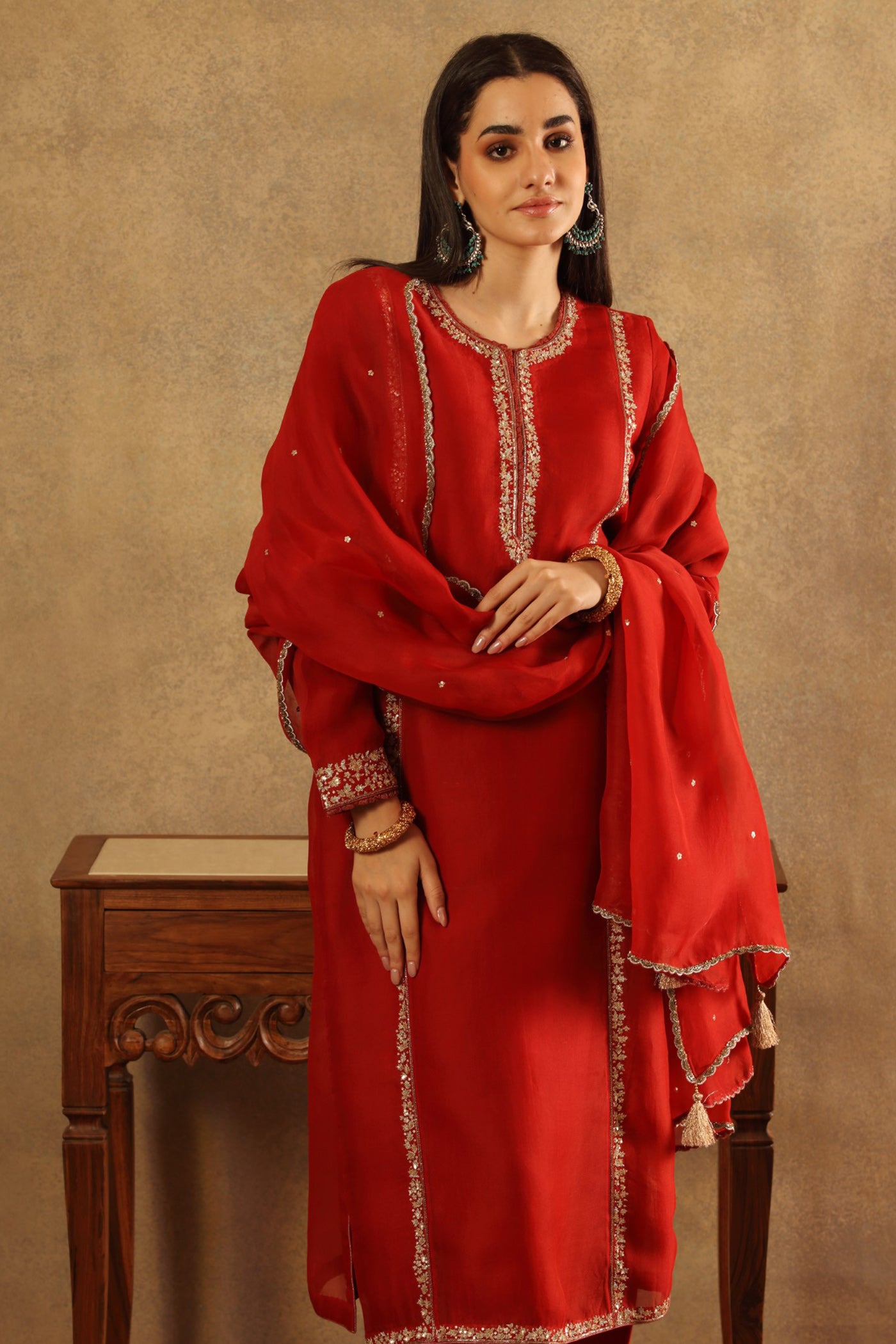 Hand Embroidered Salsa Maroon Pure Silk Organza Kurta Salwar Set