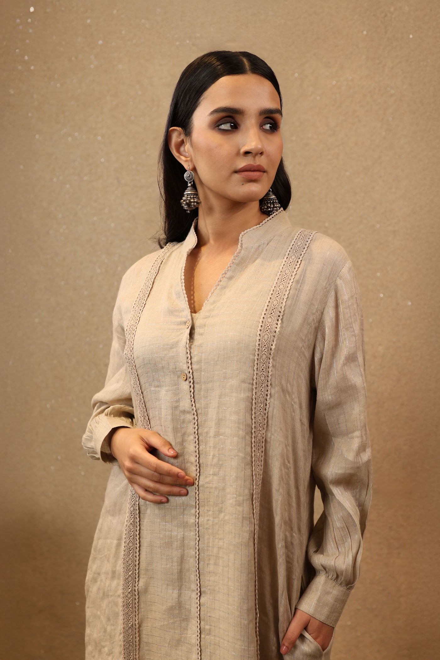 Grey-Beige Pure Linen (With Metallic Checks & Stripes) Collared Long Dress With Cotton Laces