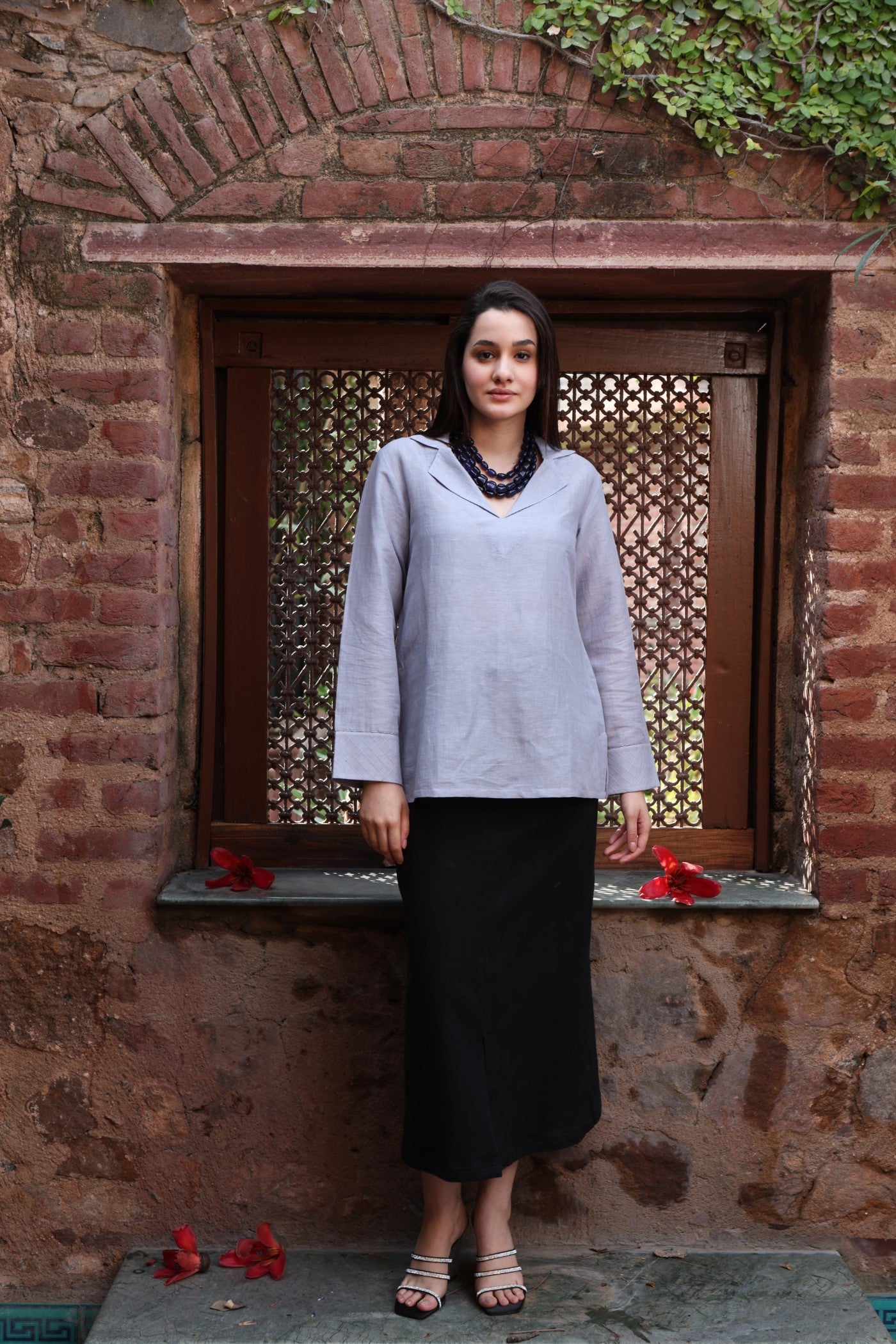 Shadow-Blue Handloom Pure Linen-Cotton Collared Short Tunic With Silk-Cotton Checks Collar And Cuffs