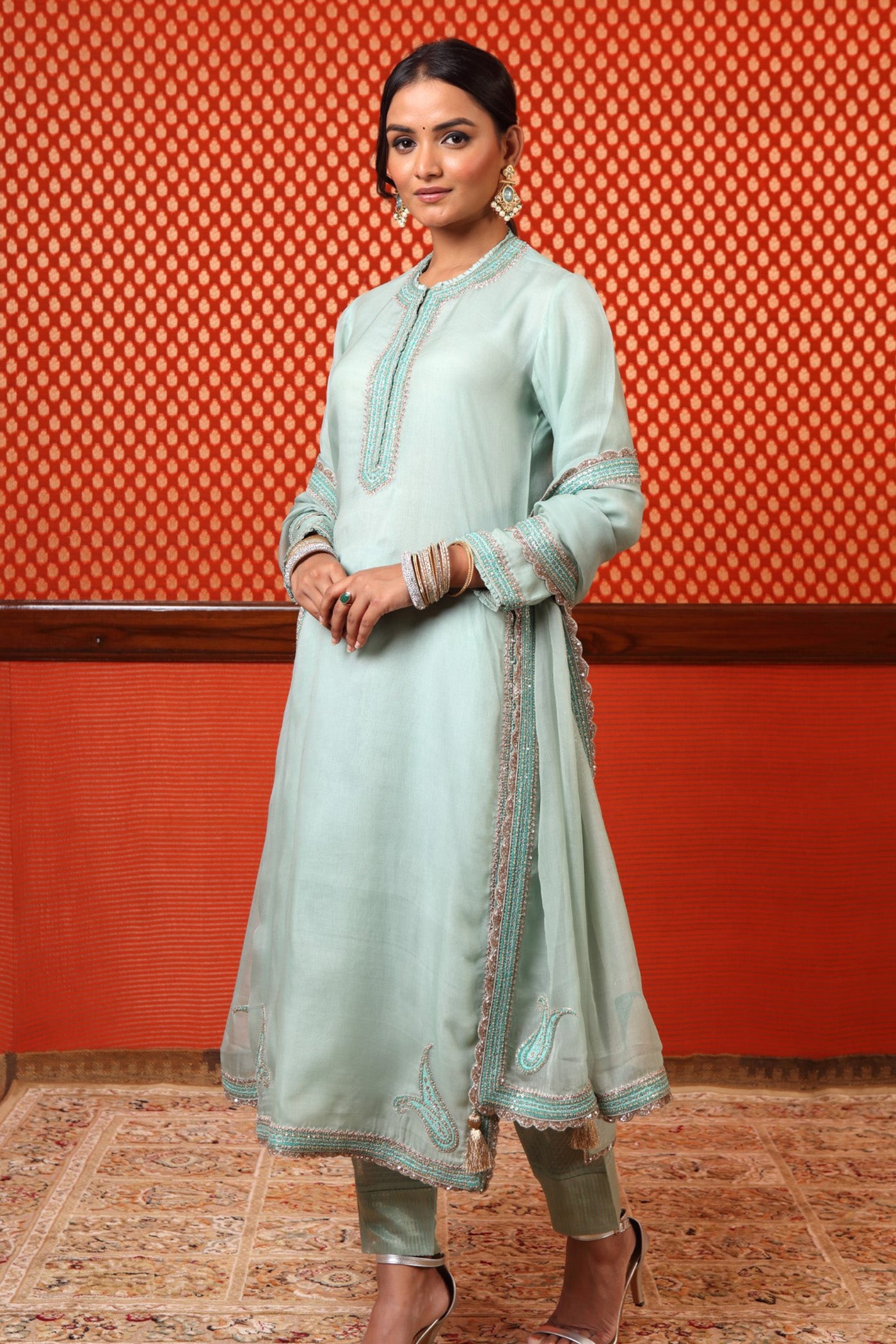 Hand Embroidered Lichen Green Pure Katan Silk Kurta Pants Set