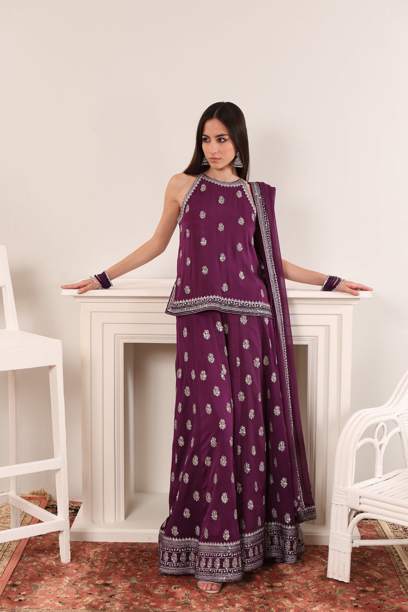 Purple Embroidered Silk-Satin Short-Kurta-Sharara Set Paired With Chiffon Dupatta