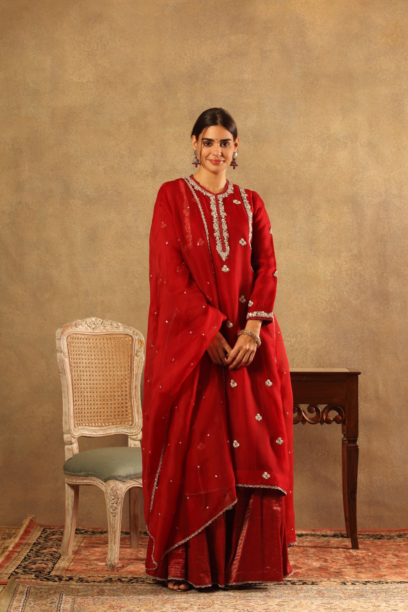 Hand Embroidered Poppy Red Pure Silk Organza Kurta Pants Set