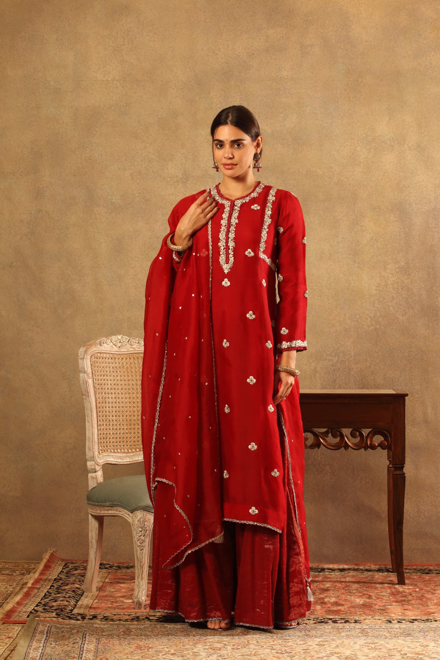 Hand Embroidered Poppy Red Pure Silk Organza Kurta Pants Set