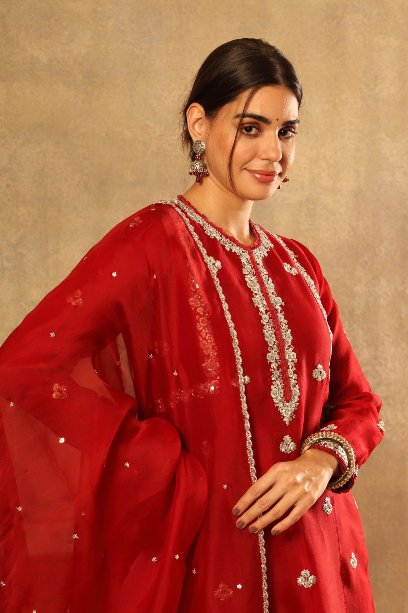 Hand Embroidered Poppy Red Pure Silk Organza Kurta Pants Set