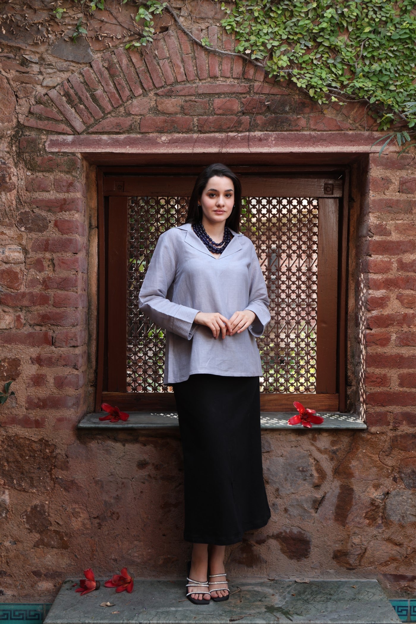 Shadow-Blue Handloom Pure Linen-Cotton Collared Short Tunic With Silk-Cotton Checks Collar And Cuffs