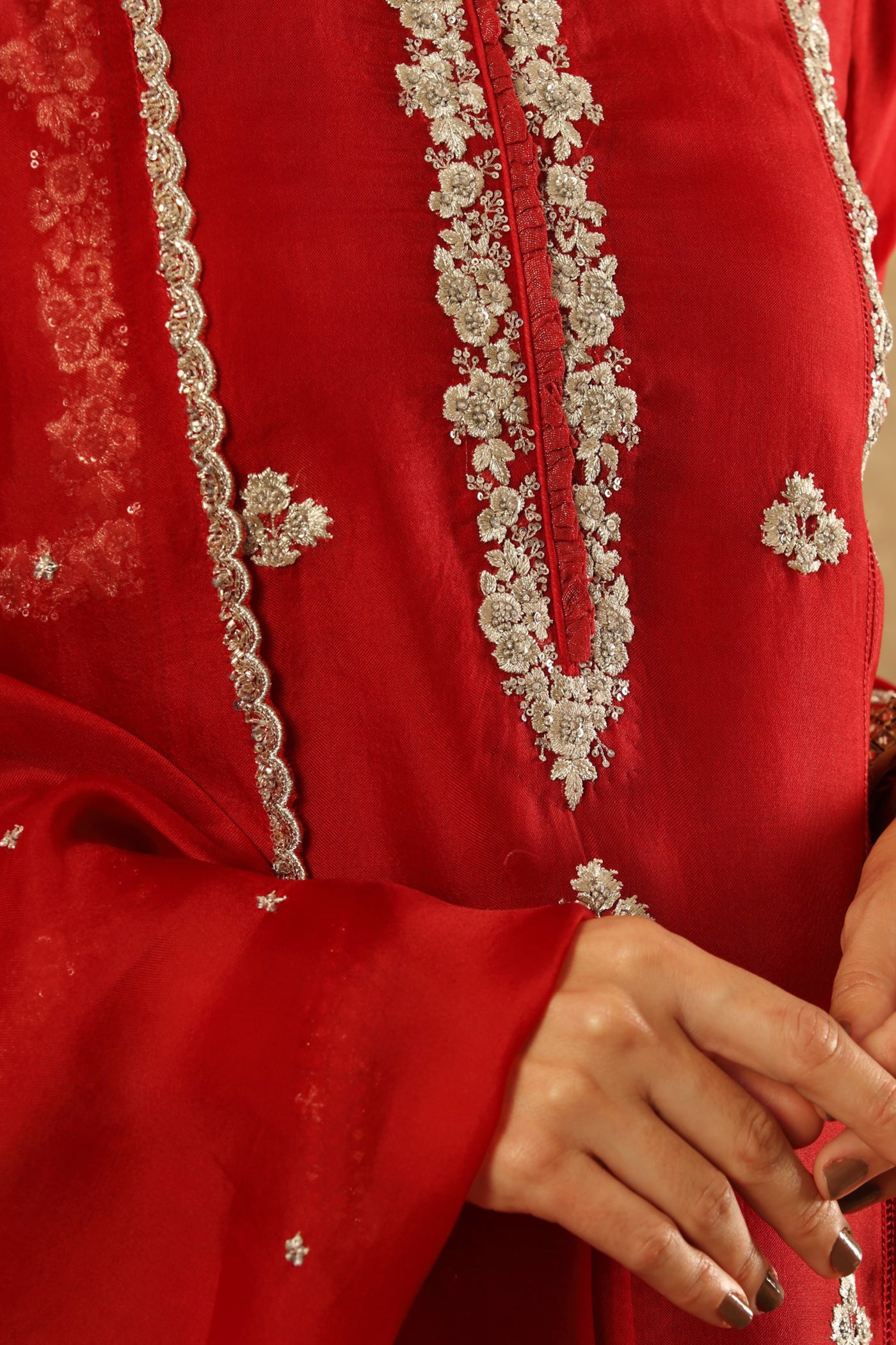 Hand Embroidered Poppy Red Pure Silk Organza Kurta Pants Set