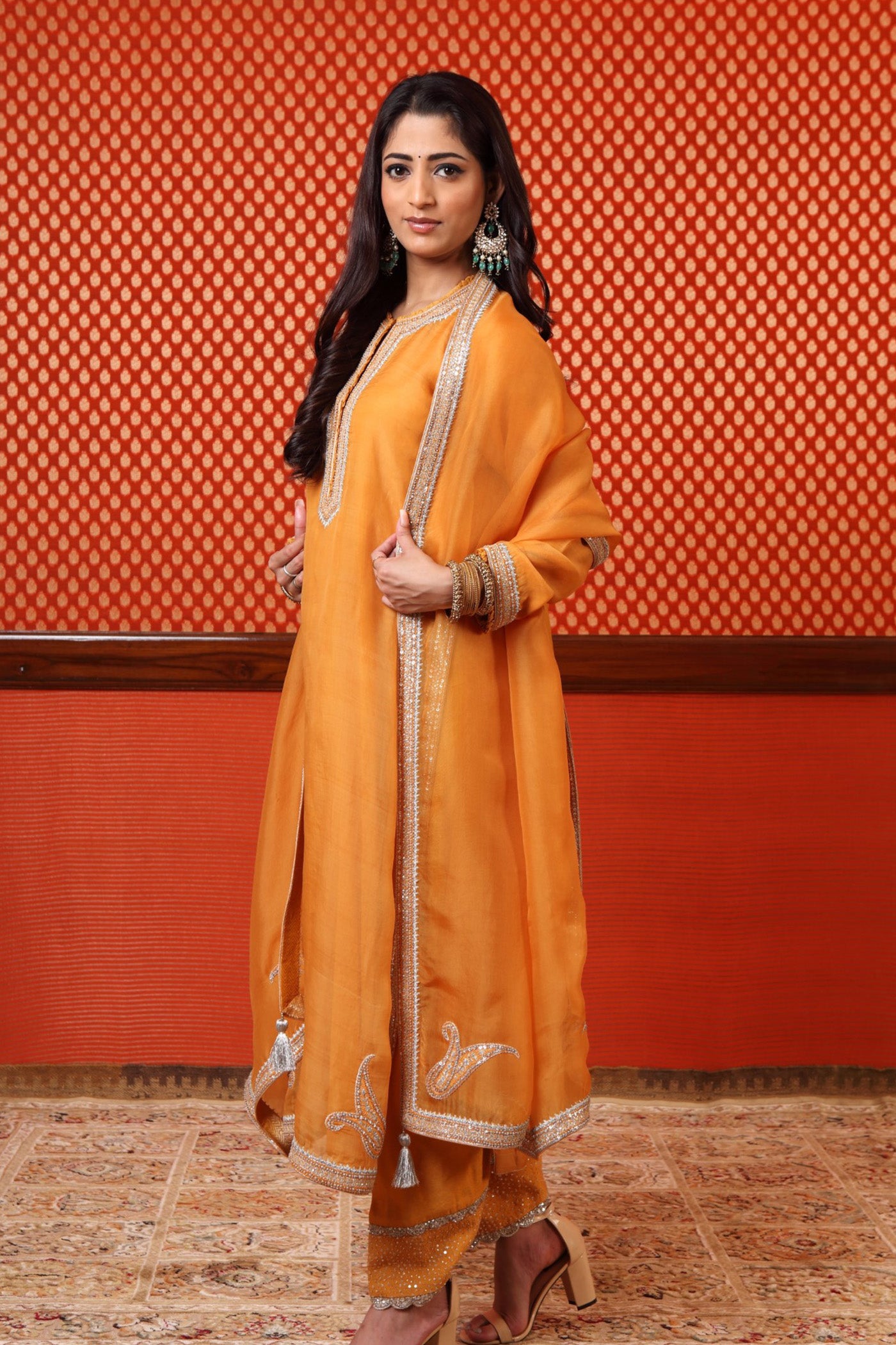 Hand Embroidered Mango Yellow Pure Katan Silk Kurta Salwar Set