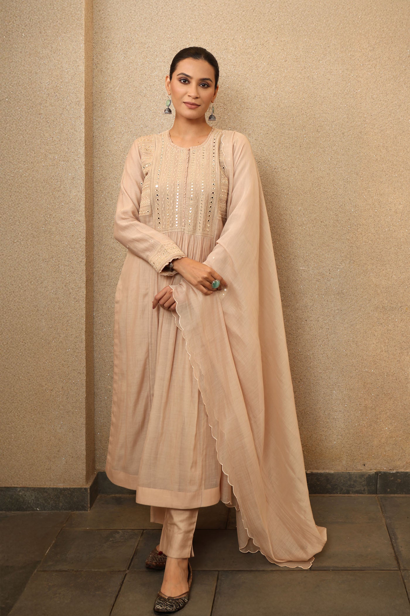 Beige Pure Silk-Cotton Mirror-Work Kurta-Pants Set