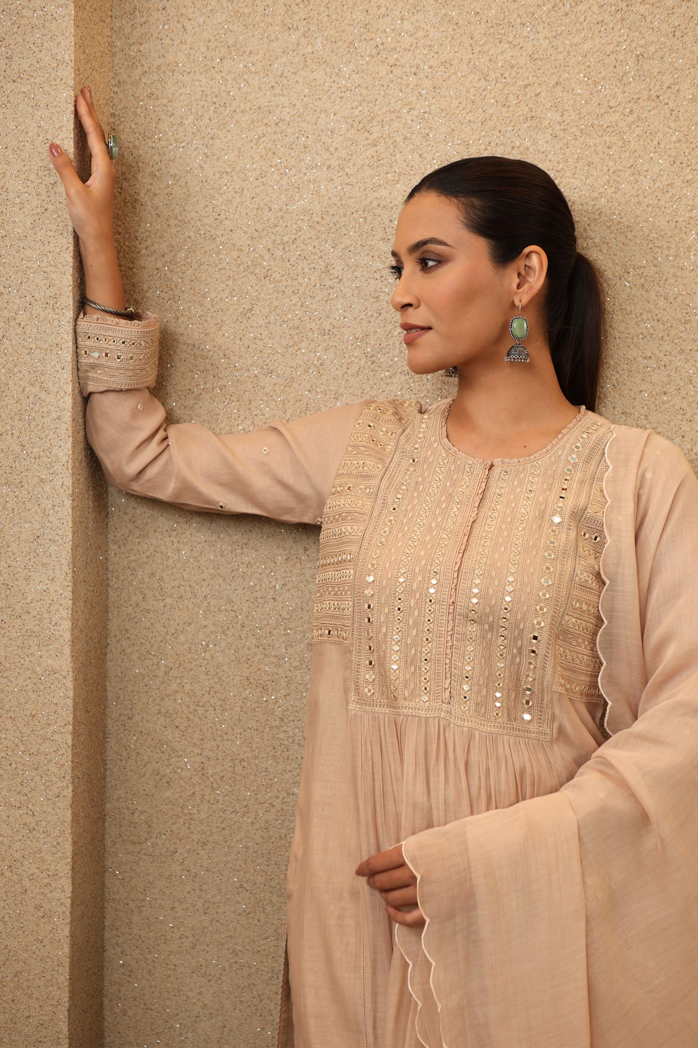 Beige Pure Silk-Cotton Mirror-Work Kurta-Pants Set