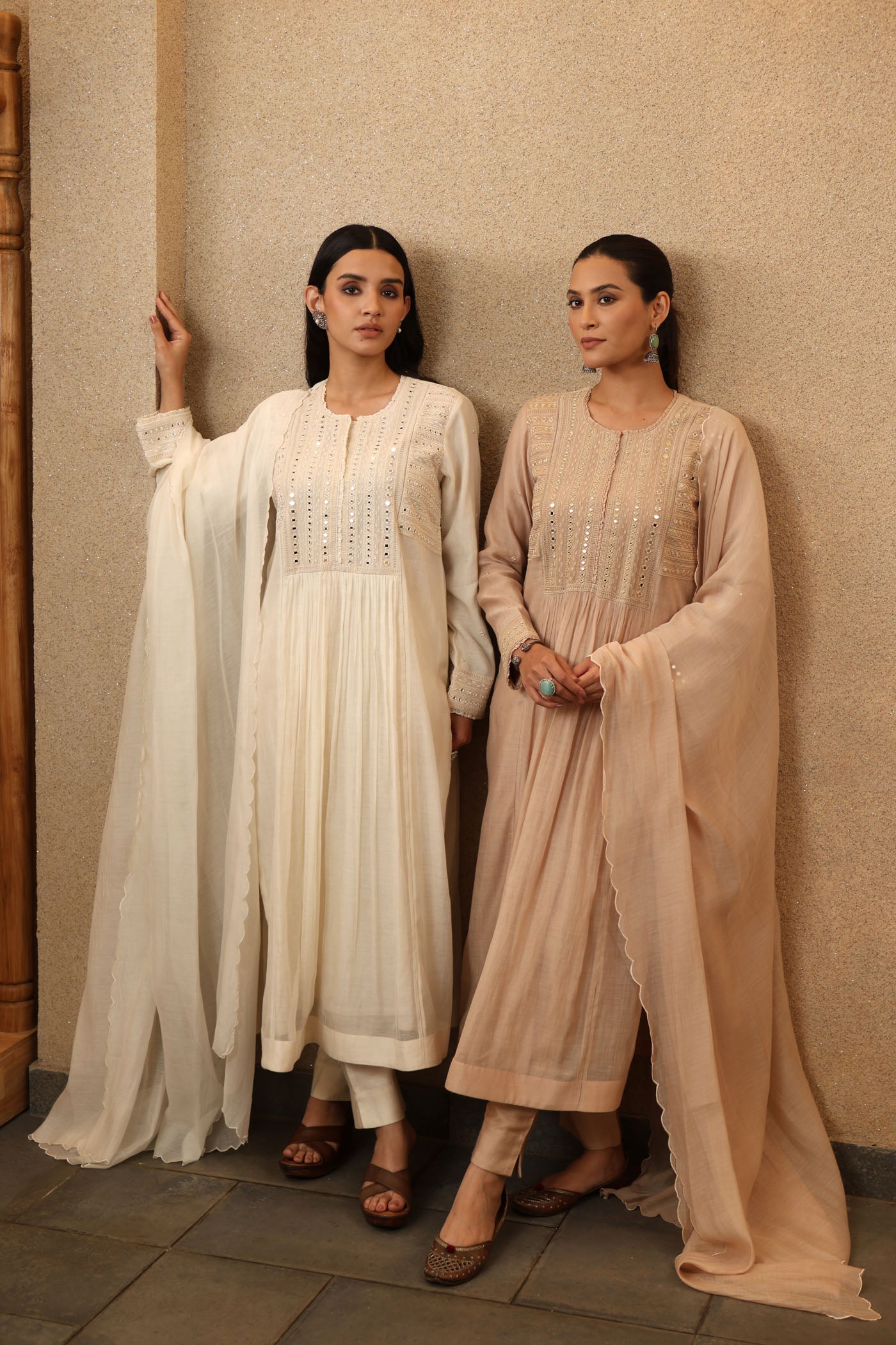Beige Pure Silk-Cotton Mirror-Work Kurta-Pants Set