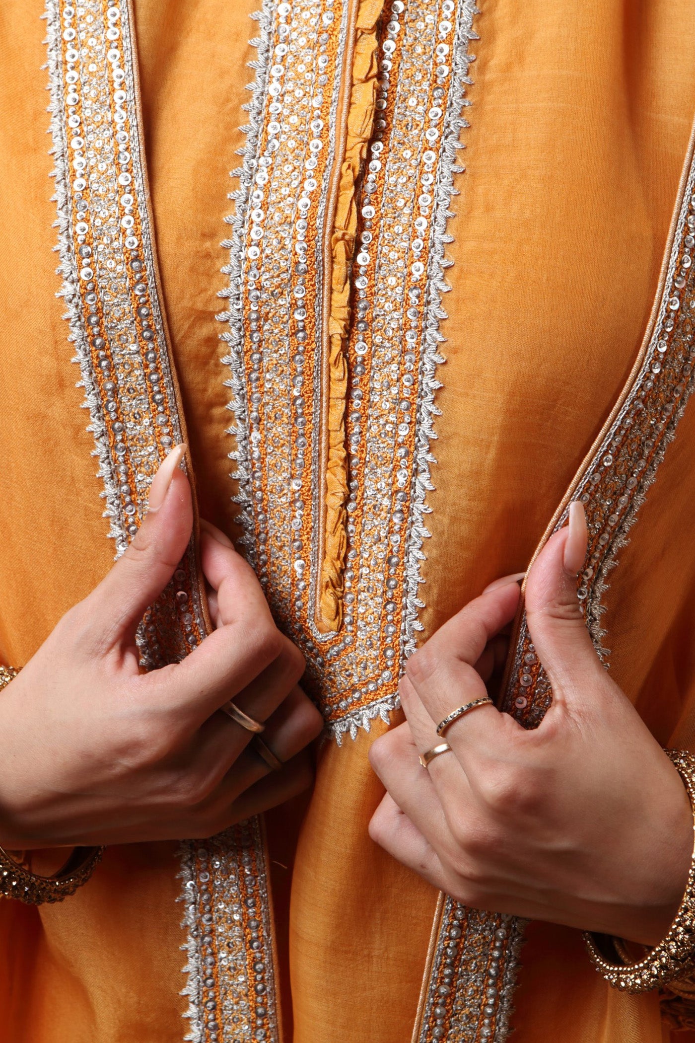 Hand Embroidered Mango Yellow Pure Katan Silk Kurta Salwar Set