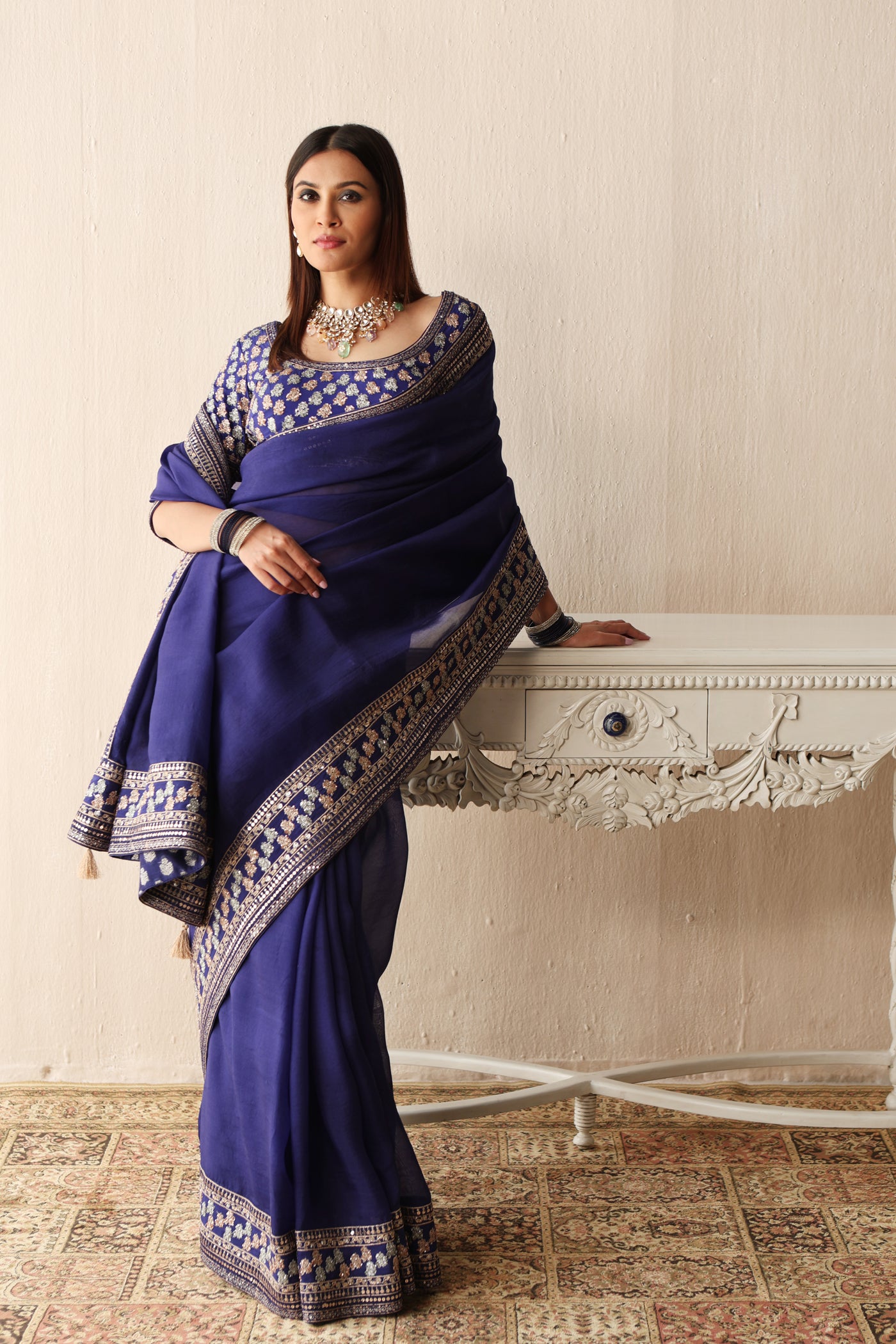 ROYAL-BLUE HAND-EMBROIDERED PURE SILK-ORGANZA SAREE WITH PURE CREPE BLOUSE SET